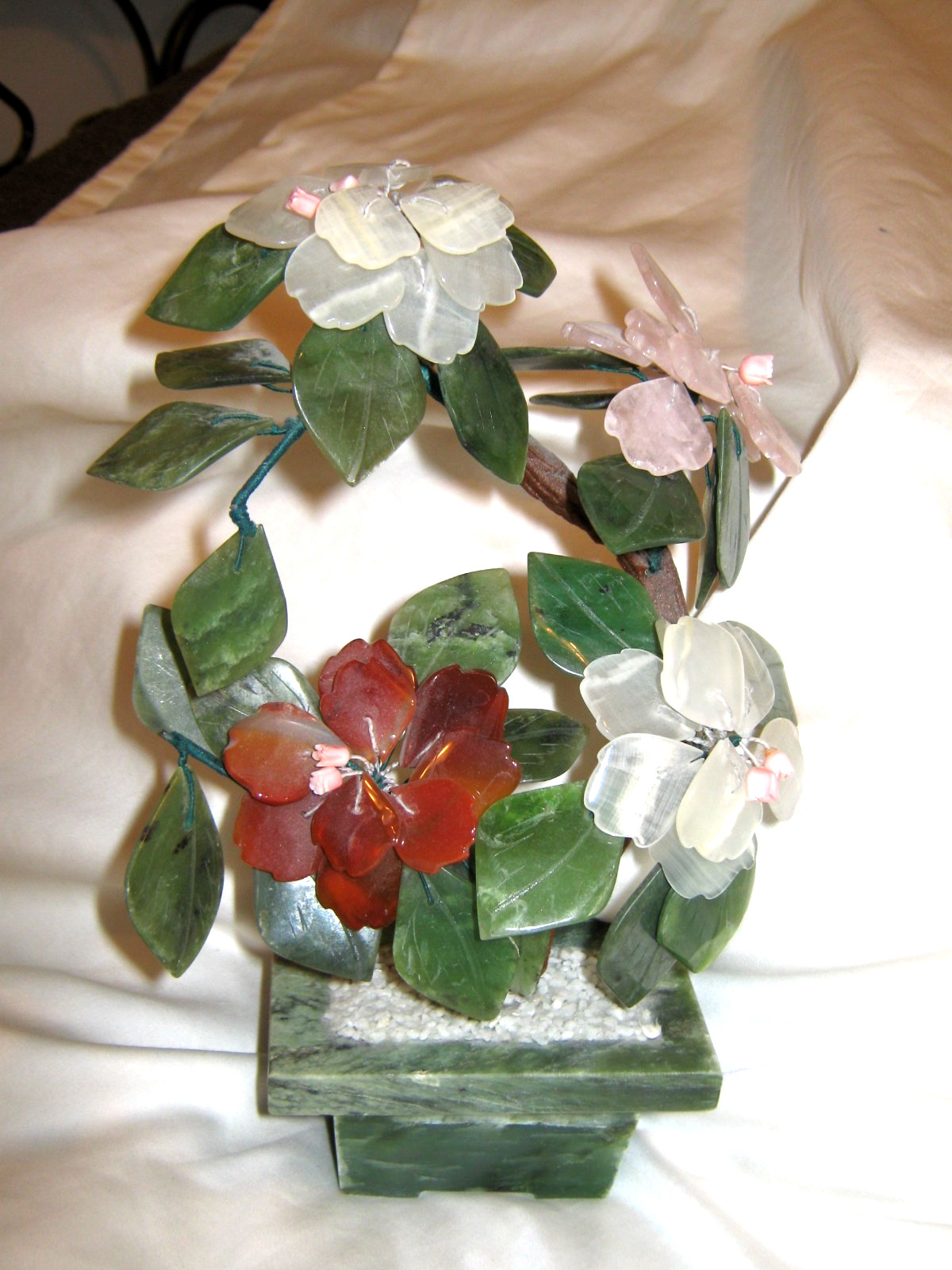 Chinese Jade Floral arrangement, Bonsai Tree, stone flowers & pot approx. 9″x6″