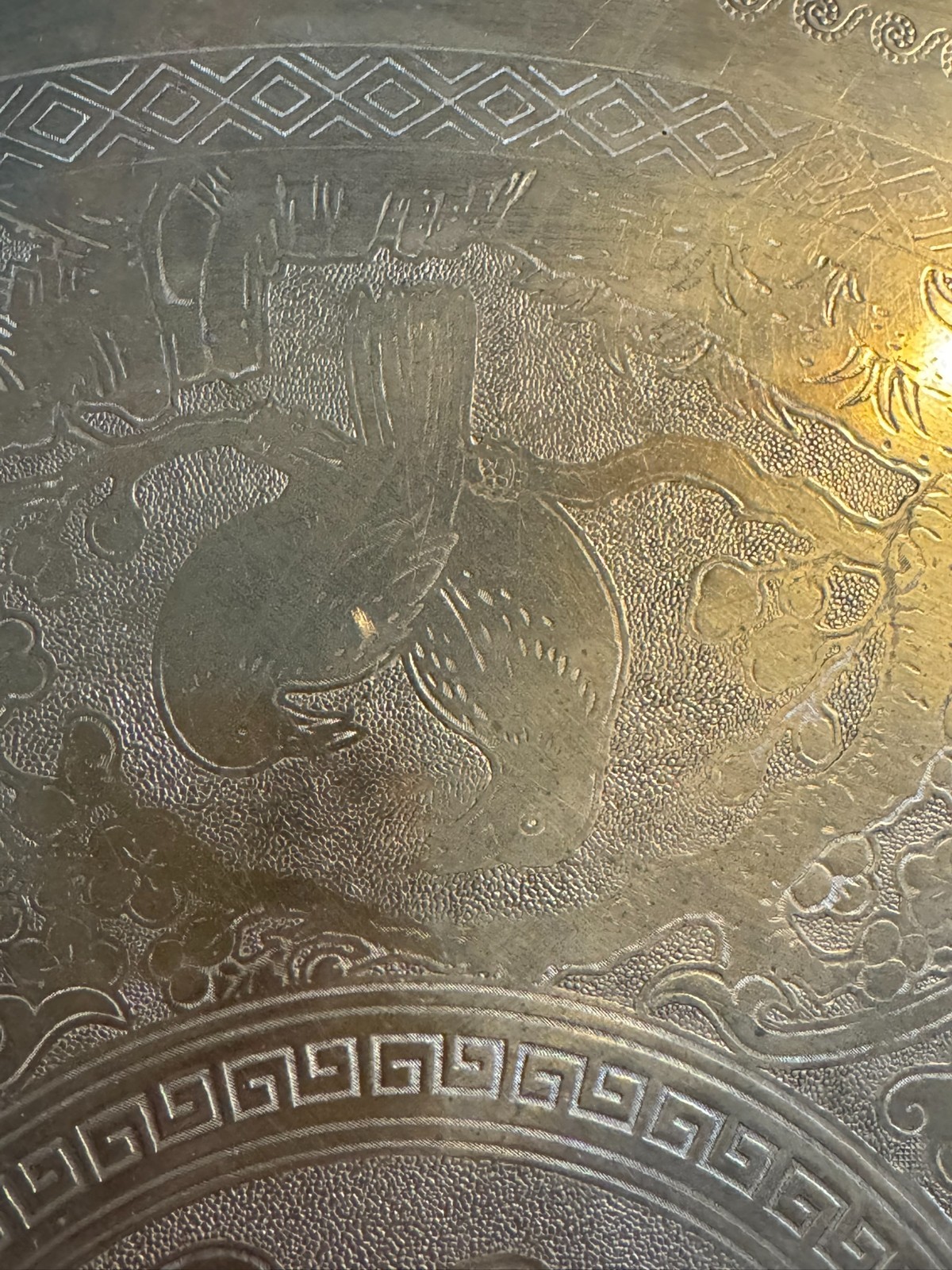 2 Vintage Chinese Heavy Tooled Motif Round Brass Tray 24″ w/ Raised Riveted edge