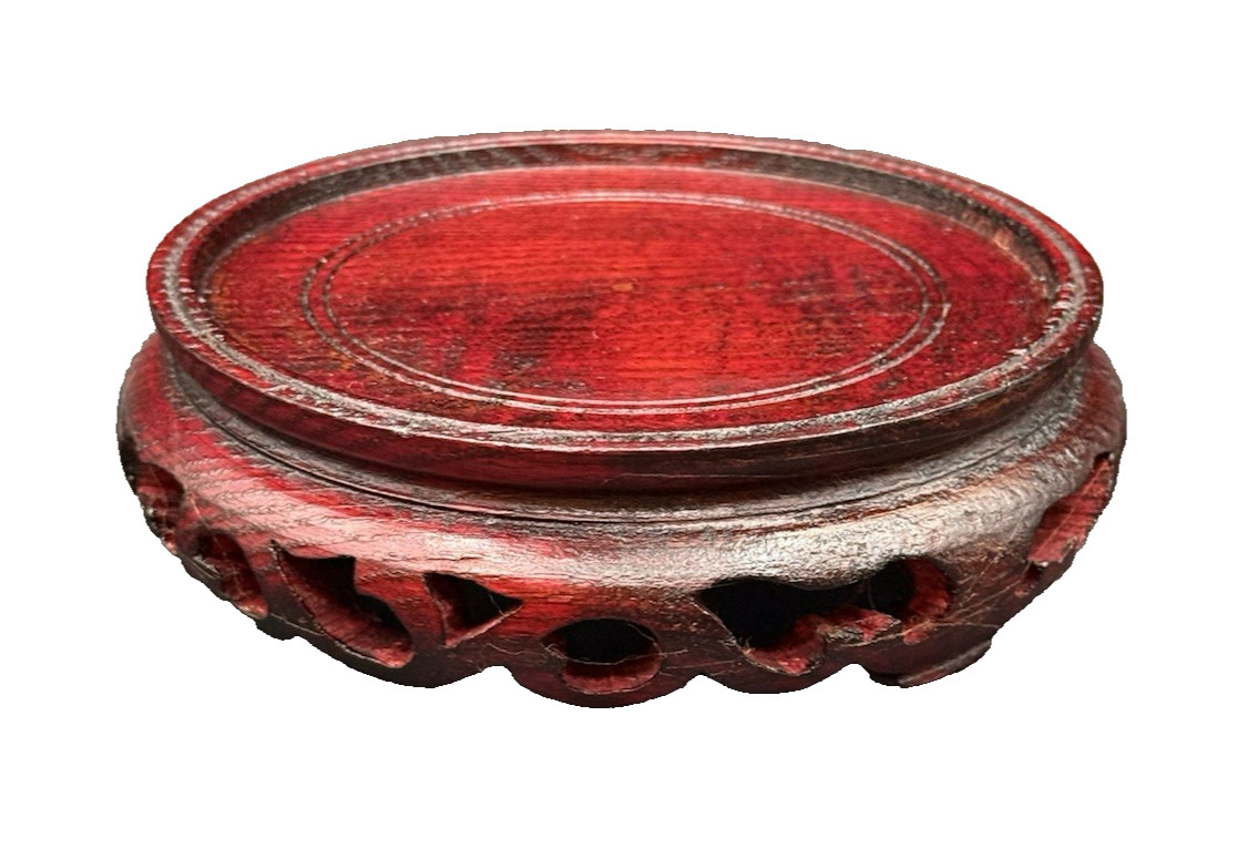 Asian Oriental Style Wood Carved Cherry Stain Vase Pedestal