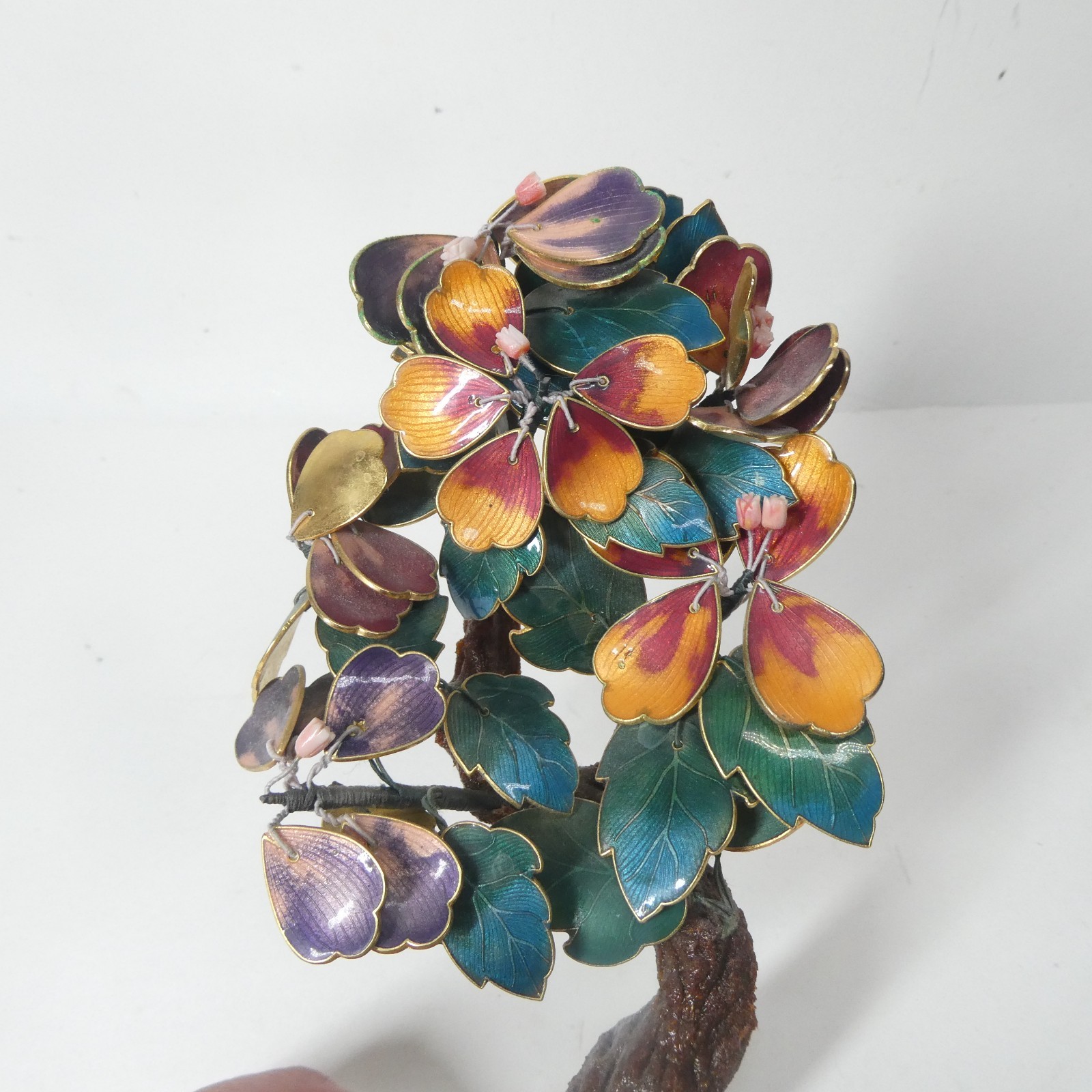 Cloisonne Enamel Brass Bonsai Tree w/ Pot Colorful Flowers 8″ Vintage