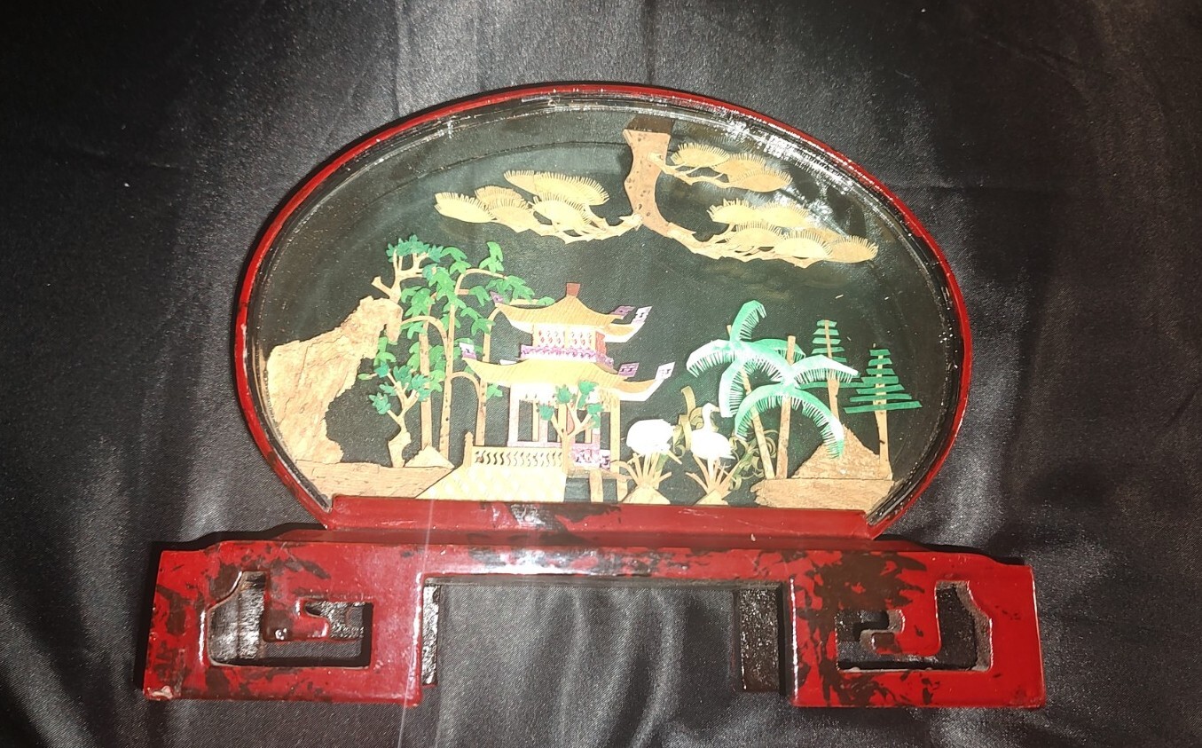 San You Chinese Carved Cork Art Oval Glass Black Lacquer on Wood Vintage