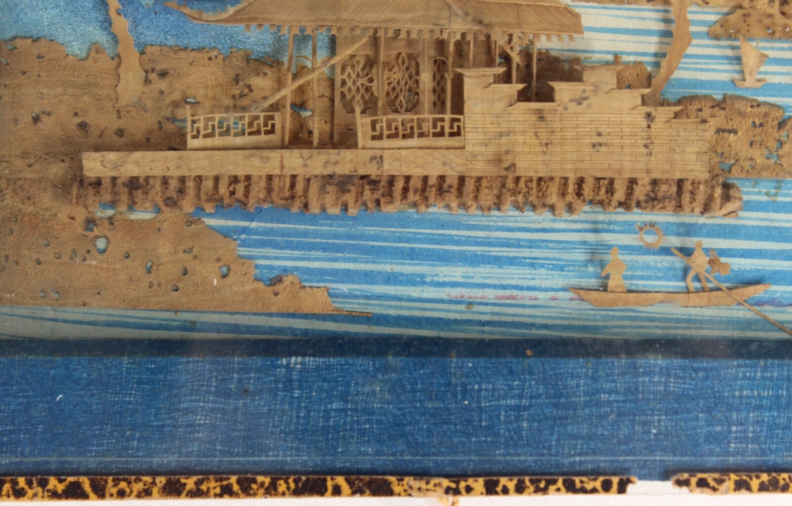 Antique Chinese Asian Miniature Wood Carving Village Scene Signed Stamp Framed