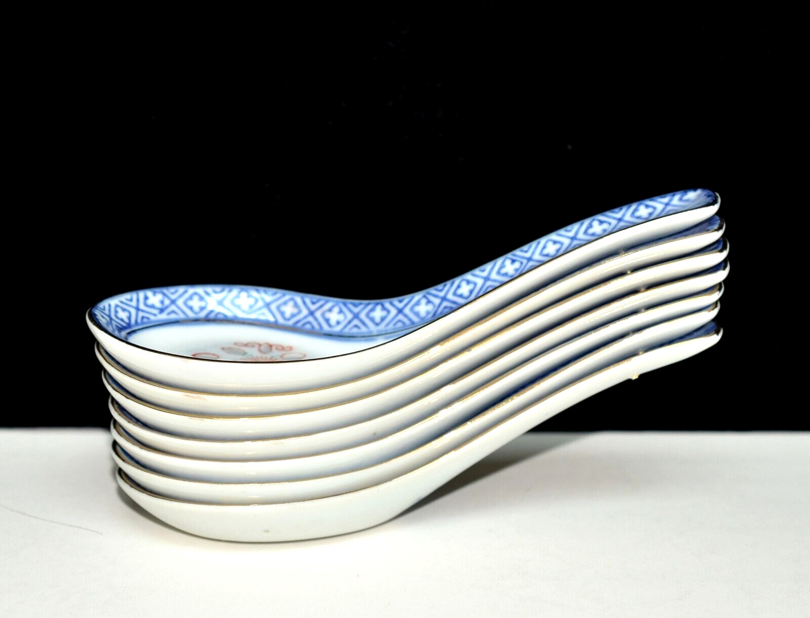Chinese Rice Eye Grain * 7 SPOONS * Porcelain, Blue White Flower Oriental, EXC
