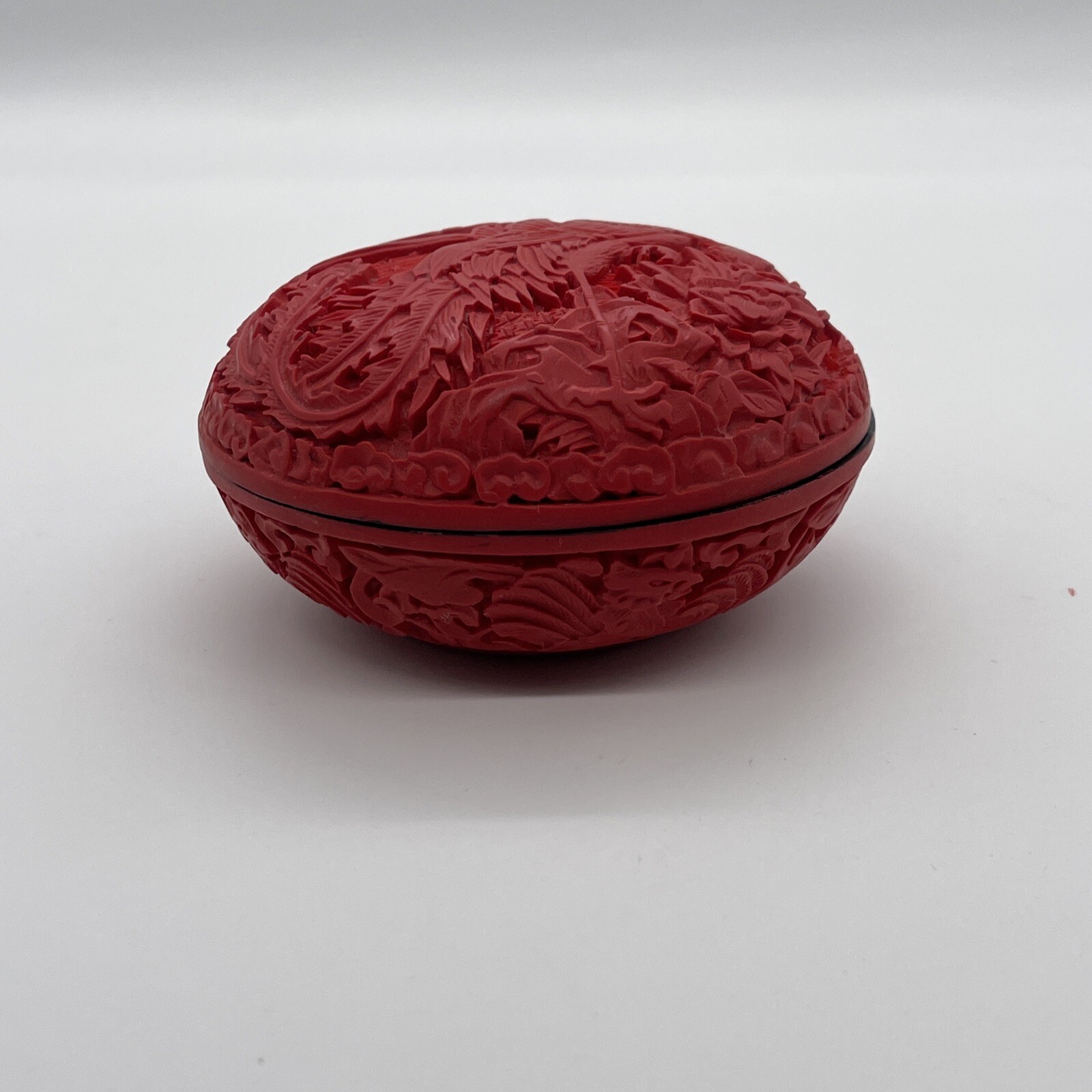 Trinket Box Cinnabar Phoenix Design on Lid & throughout Brilliant￼ Red￼ Vintage