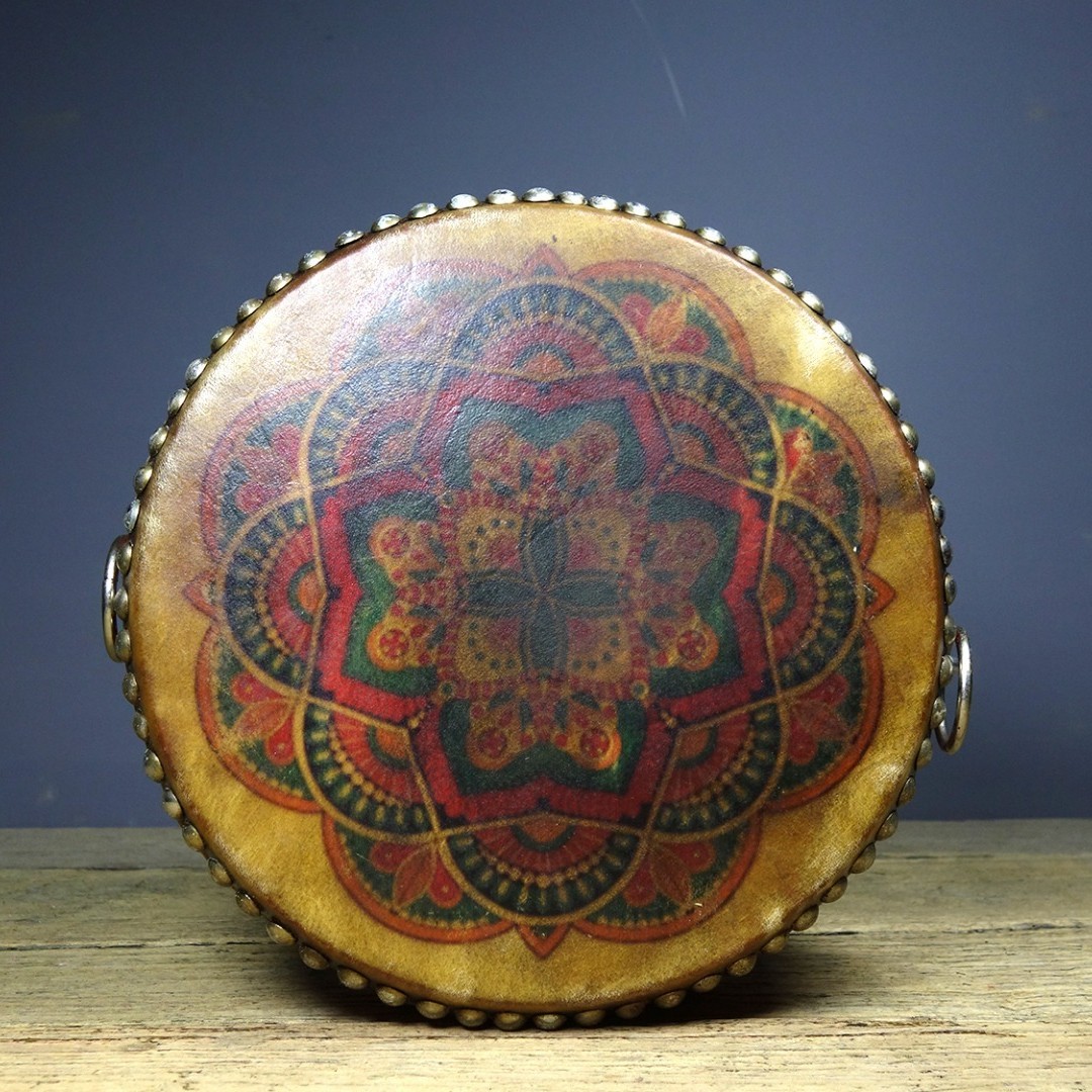 Vintage Hand Painted Cowhide Drum Tibetan Dharma Wheel Decor 25cm