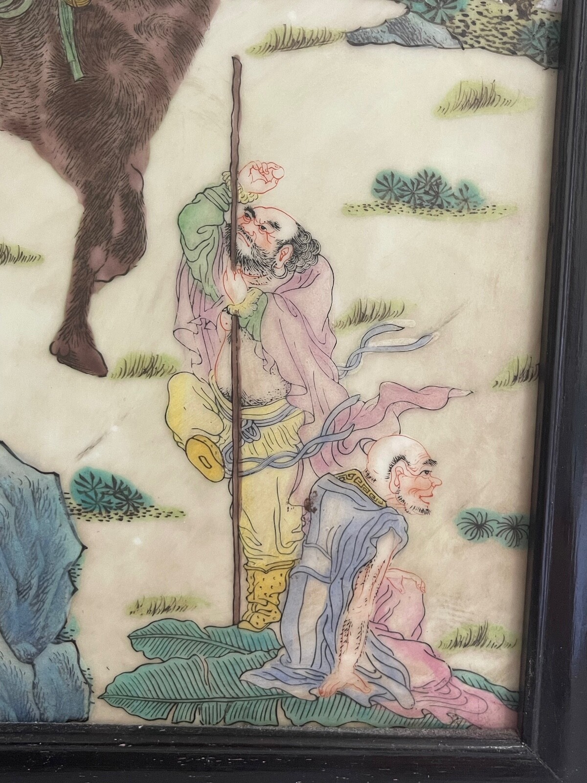 Vintage Chinese Framed Ceramic Plaque w/ Painted Man Figures & Dragon
