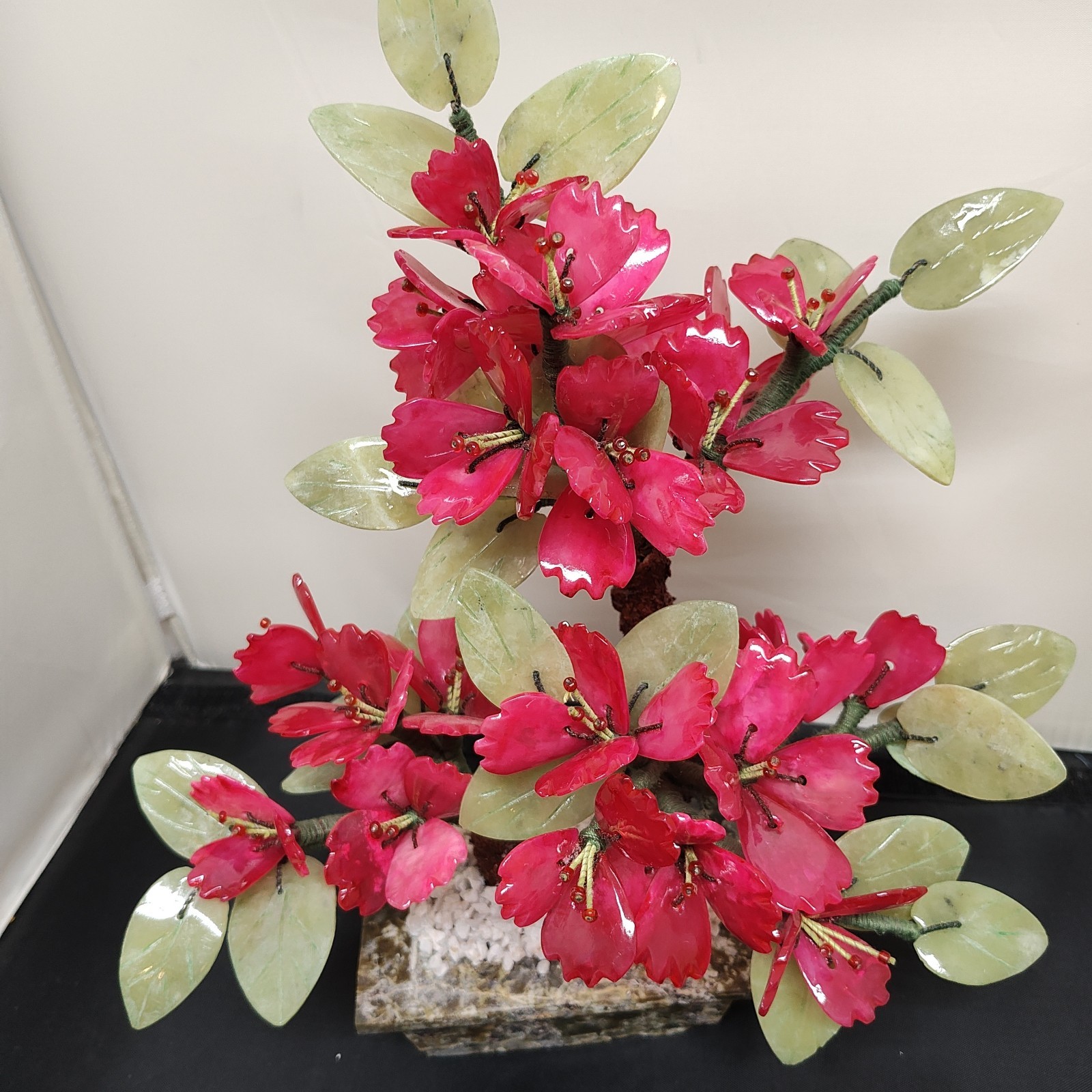 Vtg Bonsai Tree Glass Cherry Blossom Pink Flowers Jade Leaves Marble Pot 11 Inch