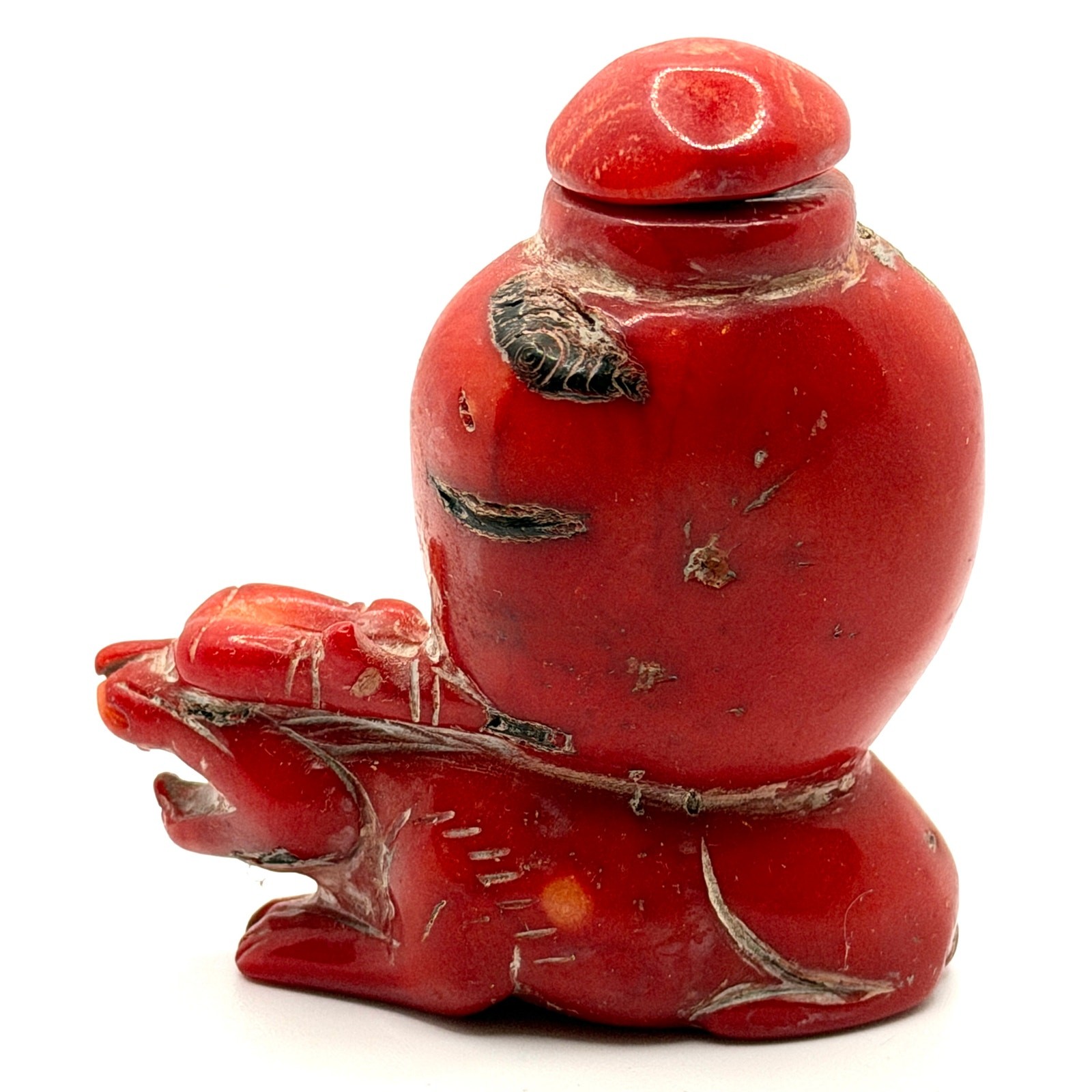 Vintage 60s Carved Natural Coral Dragon Chinoiserie Snuff Bottle