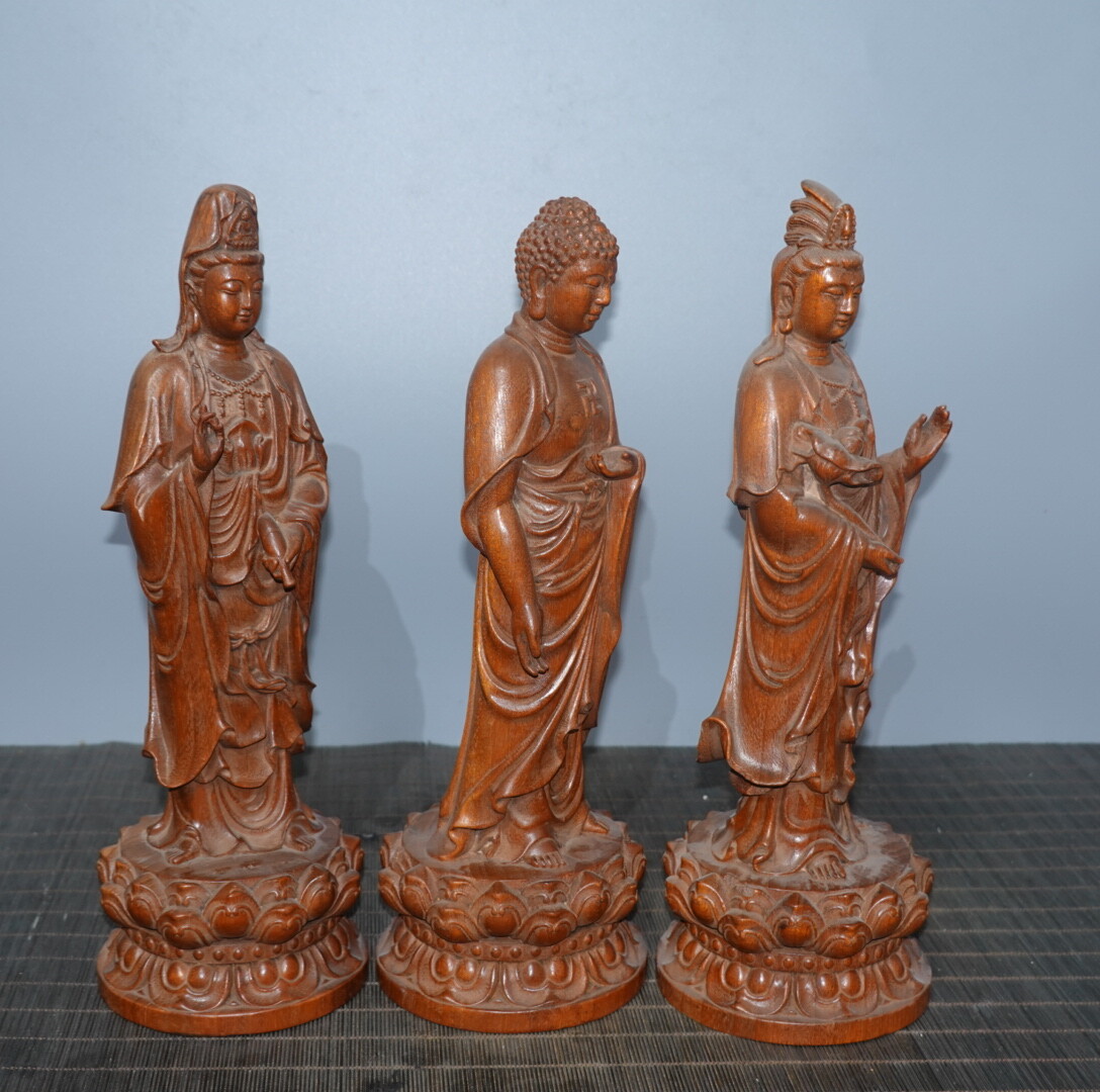 11.4″ China Box-wood West Three Saints Avalokitesvara Sakyamunim Amitabha Statue