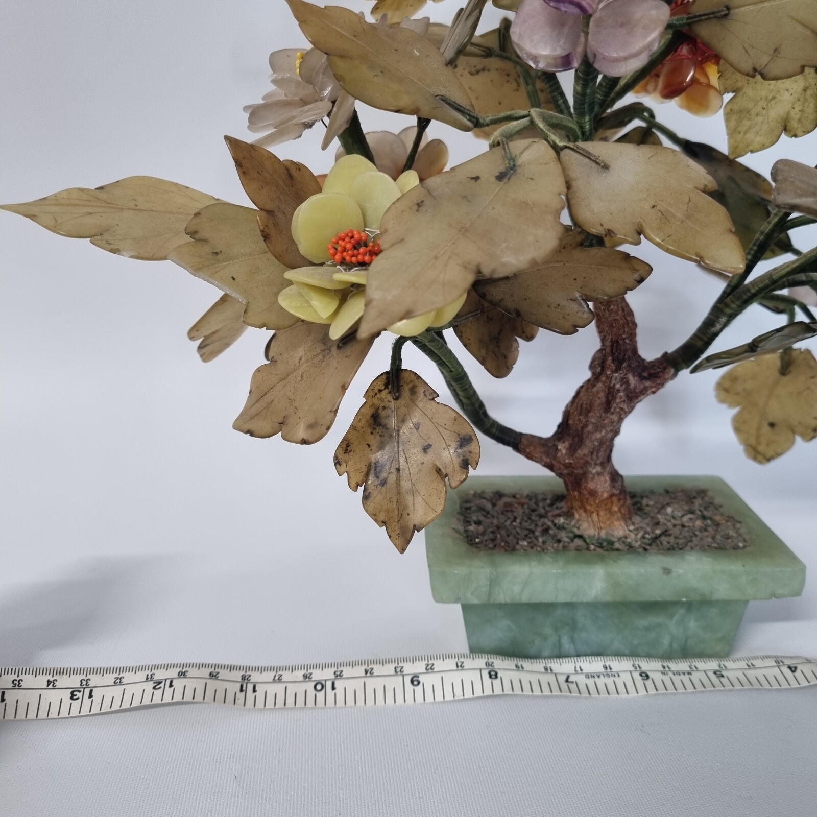 VINTAGE MCM CARVED JADE AGATE BONSAI FLOWER ASIAN ART TREE 11″ TALL
