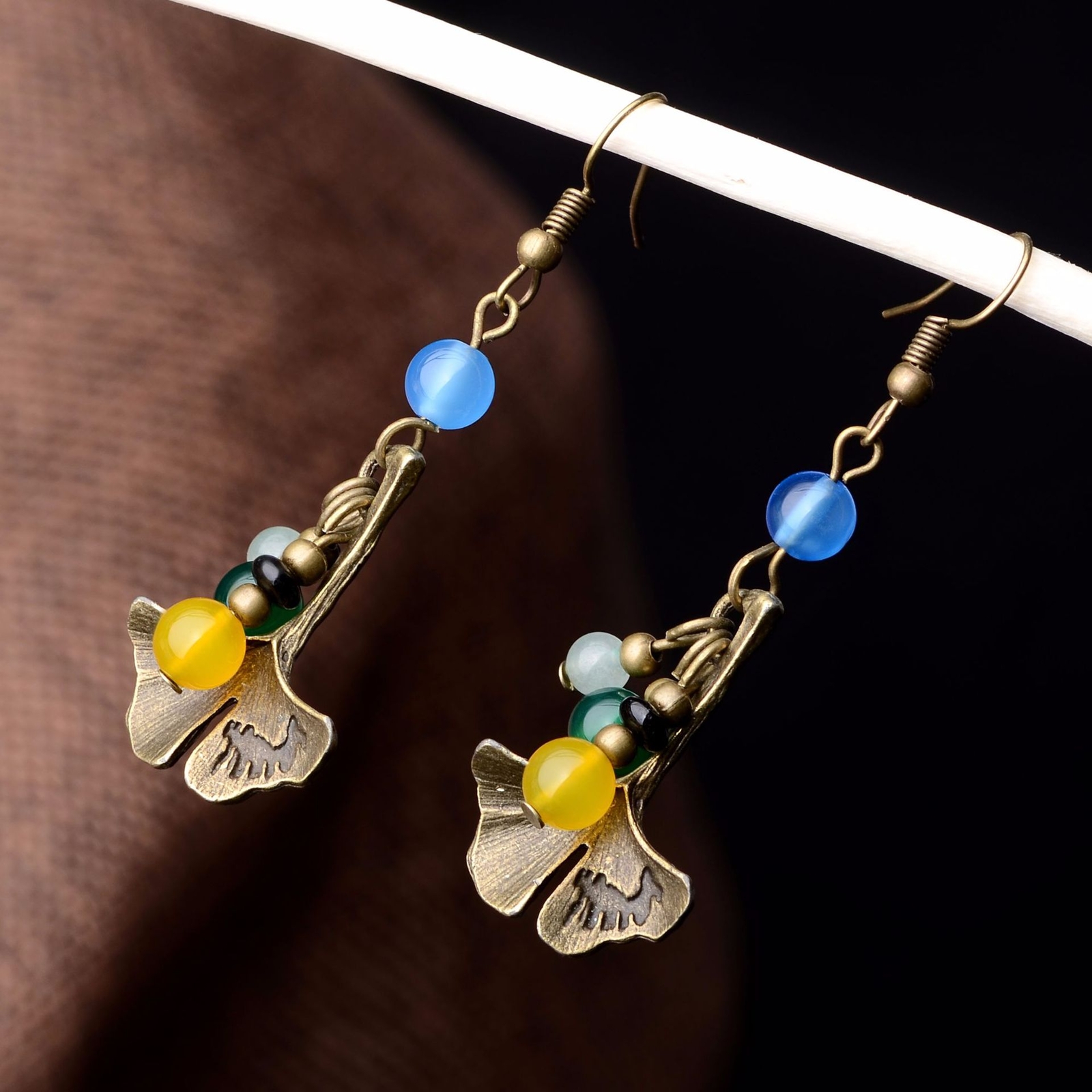 China Dongling Jade/Agate/Alloy Apricot Leaf Tibetan Style Earbob Earrings