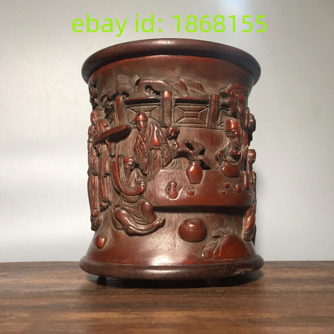6.5″ old Hand-carved four virtues of refined people statue bamboo Pen Brush pot