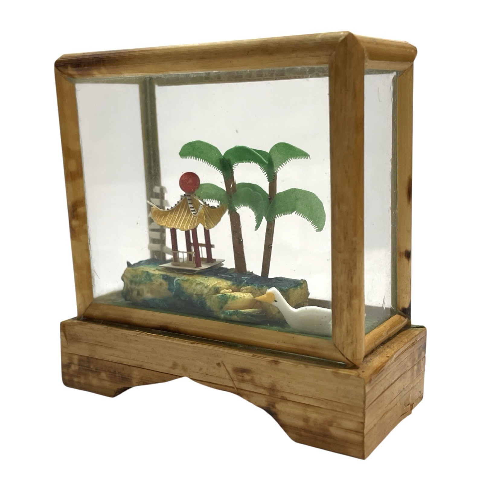 Vintage 1950s Miniature Pagoda Diorama in Bamboo Glass Case – Asian Artwork