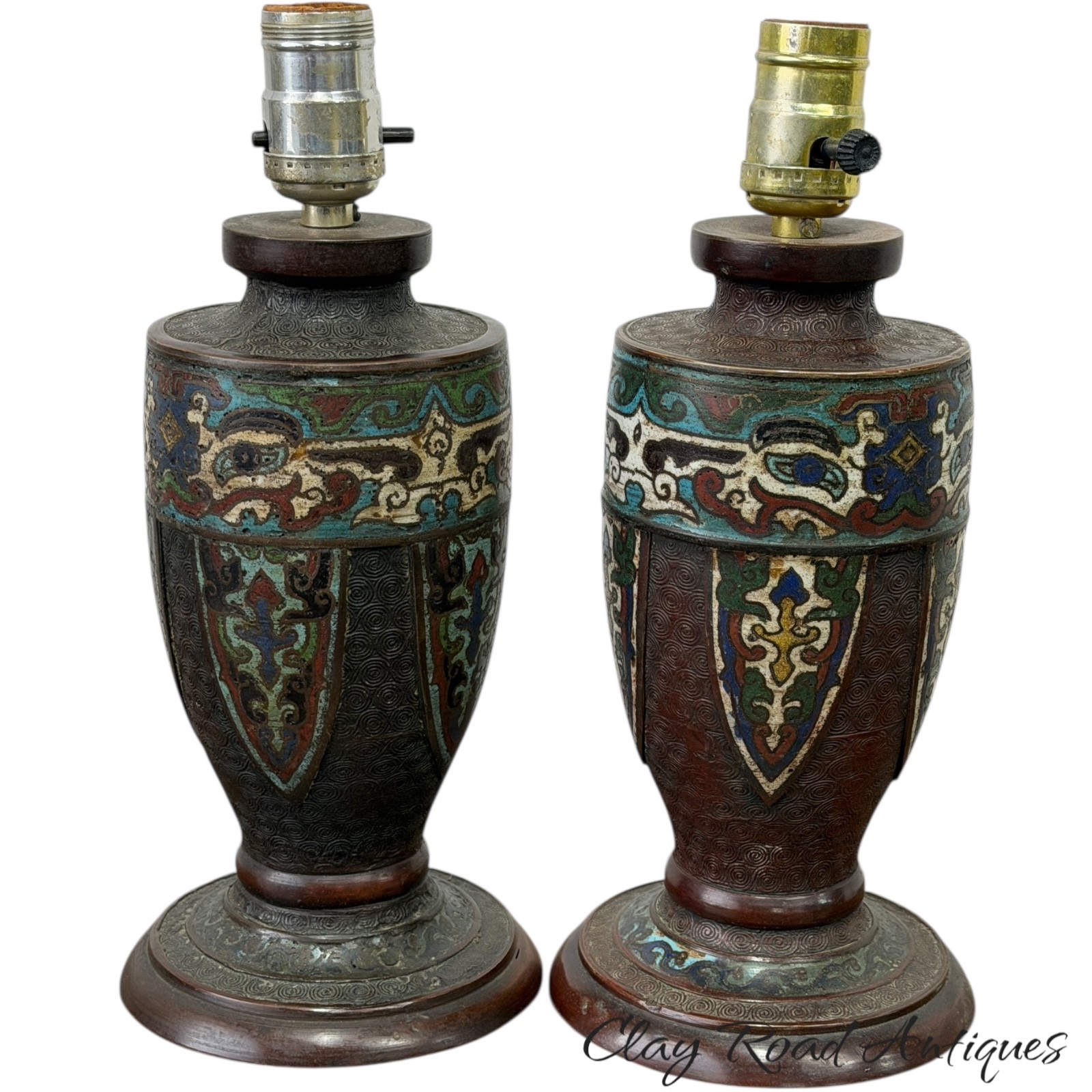 Antique Chinese Enamel Bronze Cloisonne Champleve Vase Table Lamp Pair