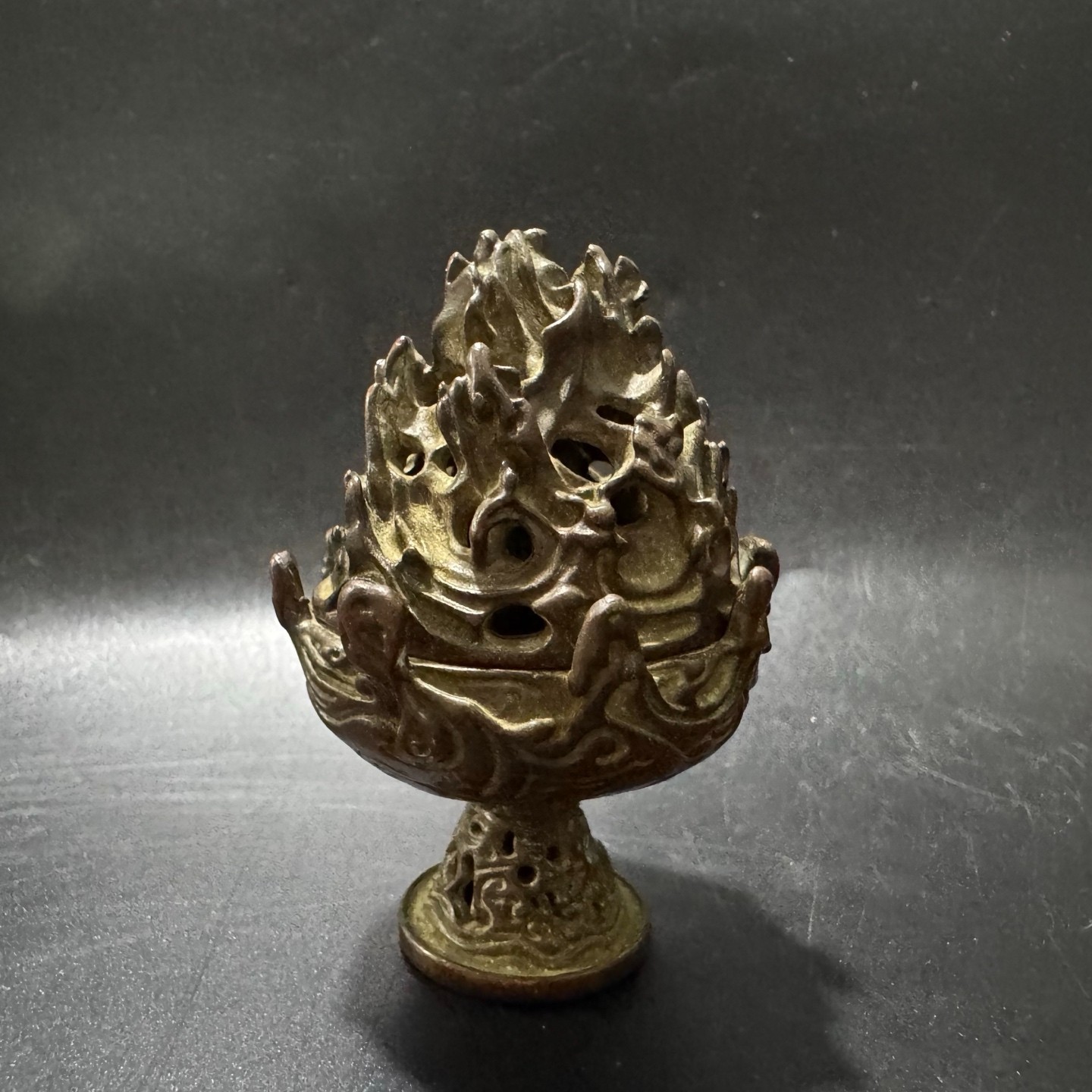 Patinated Bronze Mini Boshan Incense Burner Chinese Antique Hollow Censer Orname