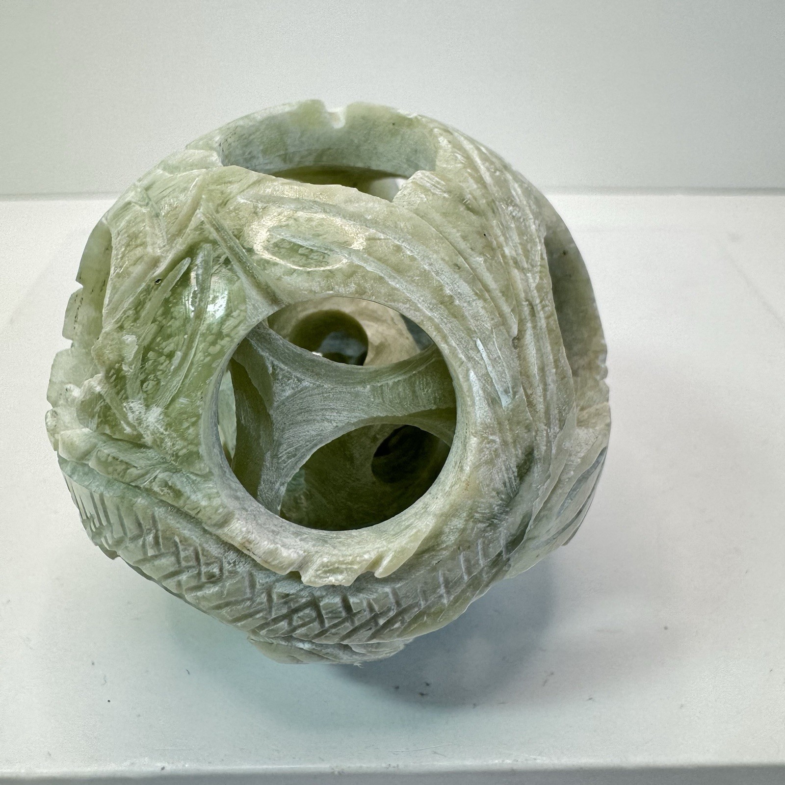 Vintage Chinese Carved Jade Stone Puzzle Ball Sphere 4-Layers Deep 2”