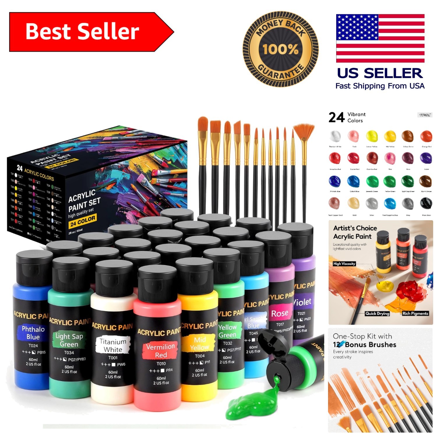 Professional 24 Colors Acrylic Paint Set – Non-Toxic & Fade Resistant for Art