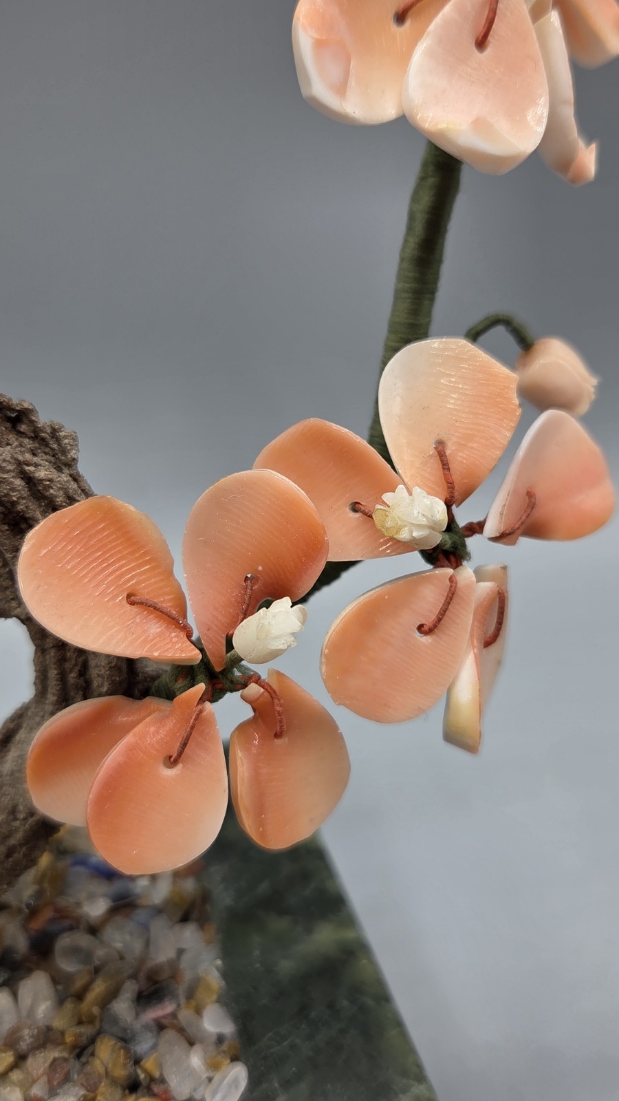 Small Bonsai Tree with Carnelian and Mother of Pearl Flowers, Jade? Base 8.5″ H