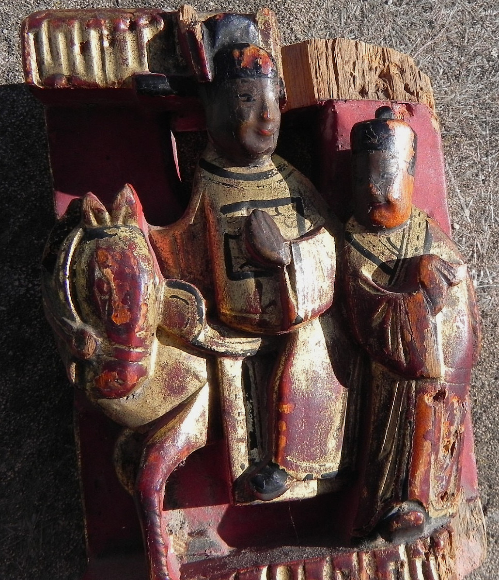 Antique Chinese painted wood carving figures and horse gold and red paint