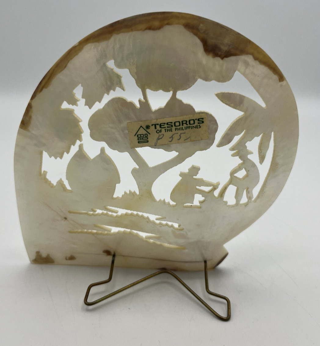 Carved Mother of Pearl Shell Asian Scene with Stand 6″ Tall