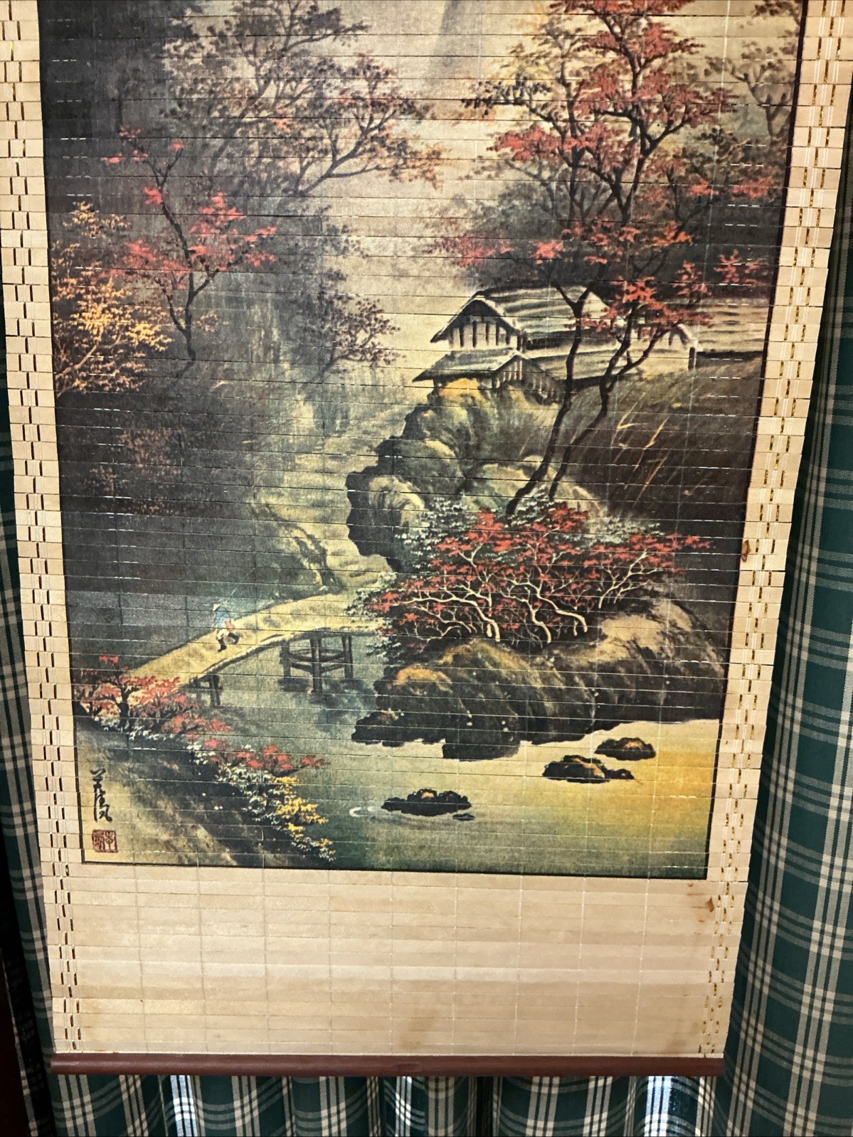 Circa 1970s made in Taiwan scroll oriental scene mountains maple trees houses