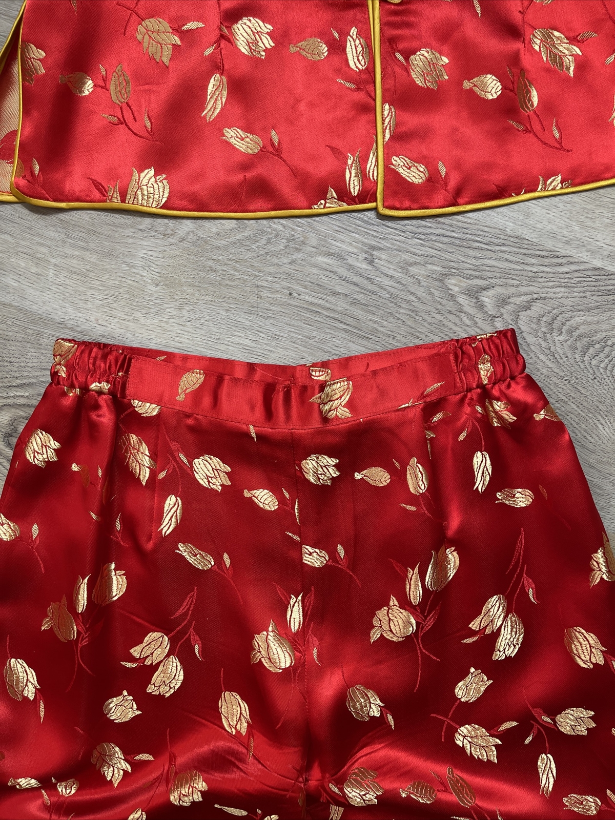 Chinese New Year Red Gold Silk Floral Top Zip Pant Outfit Womens Size M