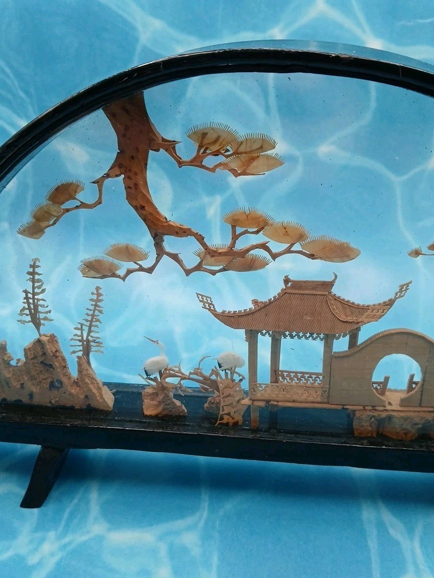 VTG Chinese Diorama Cork Carving Pagoda Trees Birds 10in x 6in Wood Glass Case