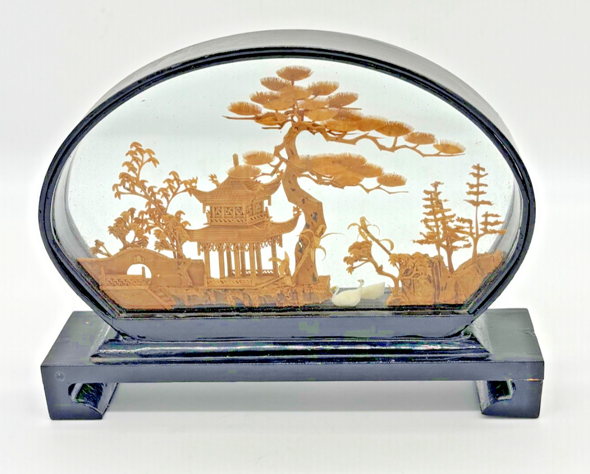 Vintage Chinese diorama featuring intricate hand-carved cork artistry enclosed