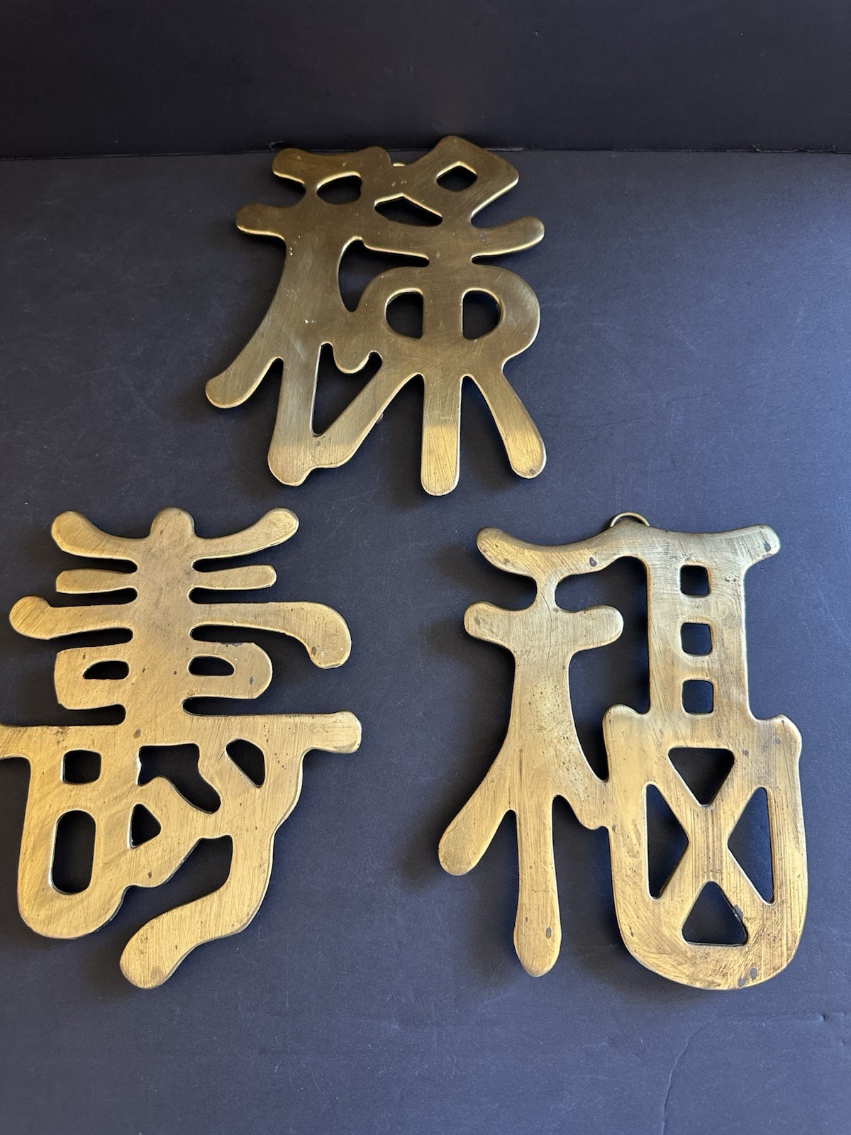 3 Chinese Symbols Solid Brass Wall Decor Trivets Happiness Good Luck Long Life