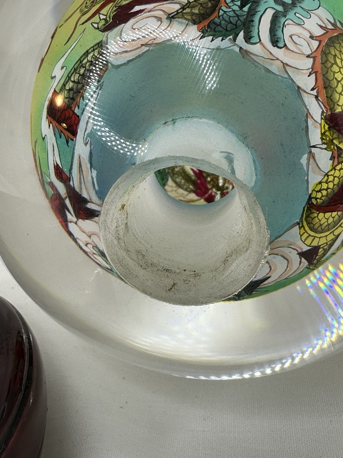 Chinese Reverse Painted Glass Crystal Ball Dragon Sphere Wood Stand Original Box