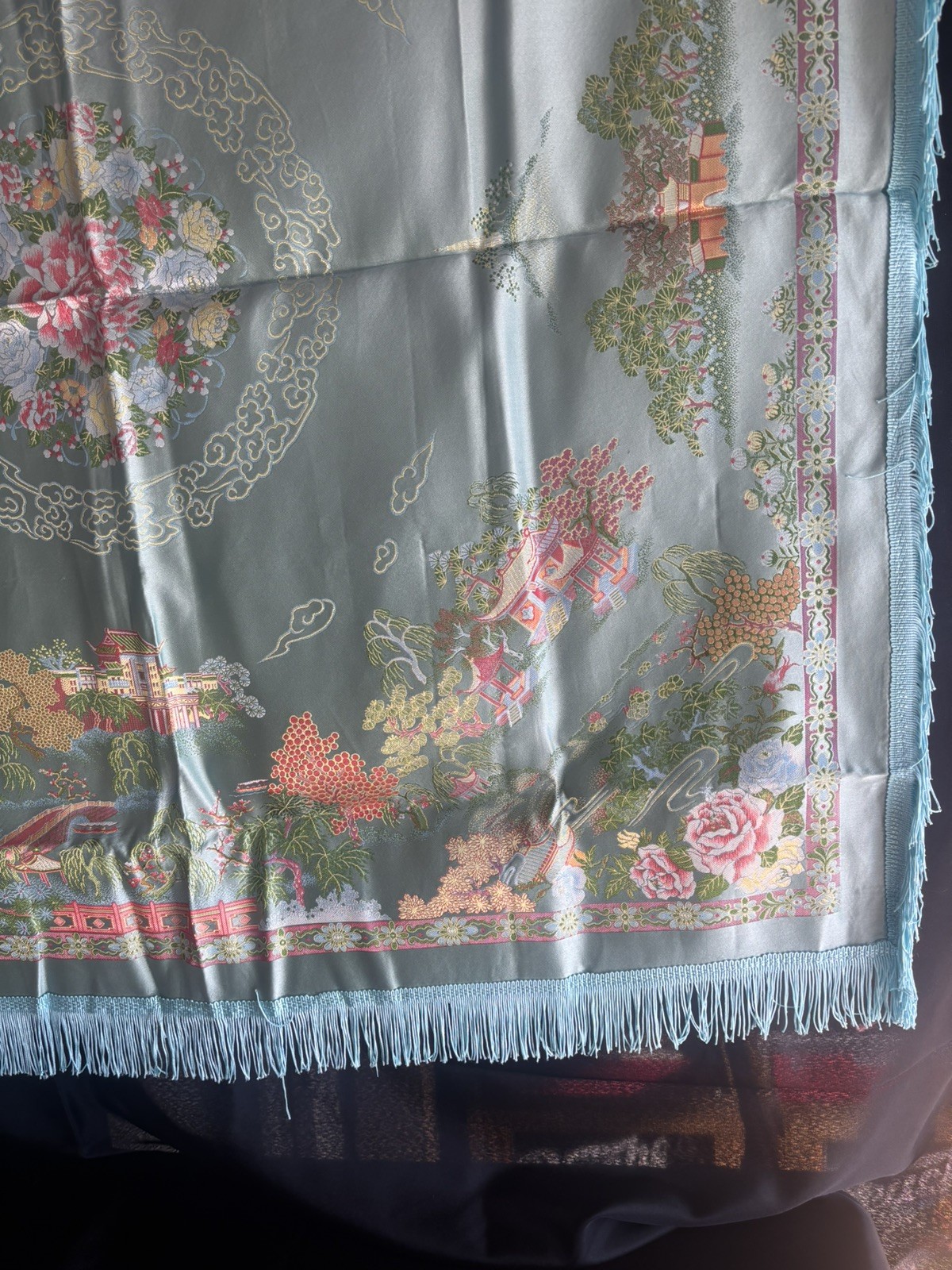 Vintage Silk Brocaded Flowers China Tapestry Table Cloth Box Bright Blue Fringe