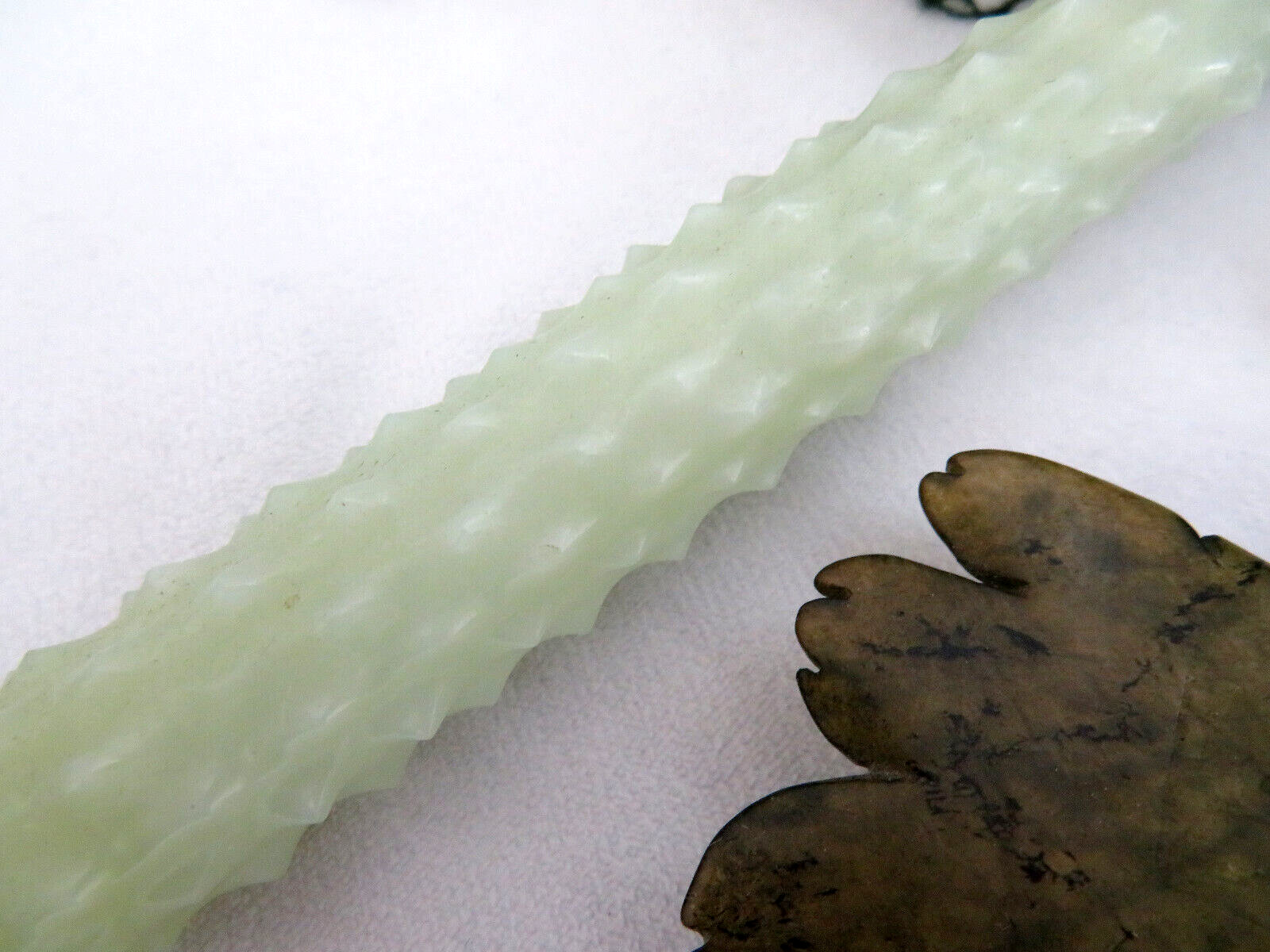 RARE Chinese Green Jade Gemstone Prickly Cucumber & Leaves Sculpture 11″ Long