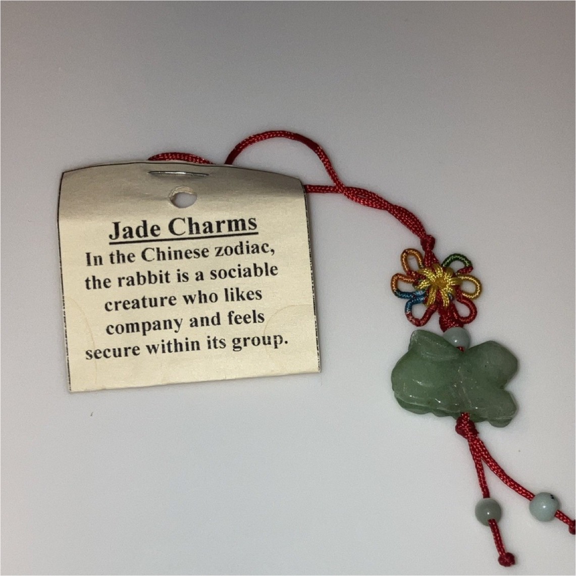 Vintage Chinese Jade Zodiac Rabbit Charm Red Cord Knot With Tag