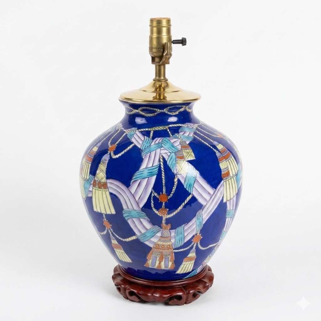 VTG Chinese Cobalt Blue Porcelain Vase Lamp Hand Painted Tassels Ribbons, 16.75”