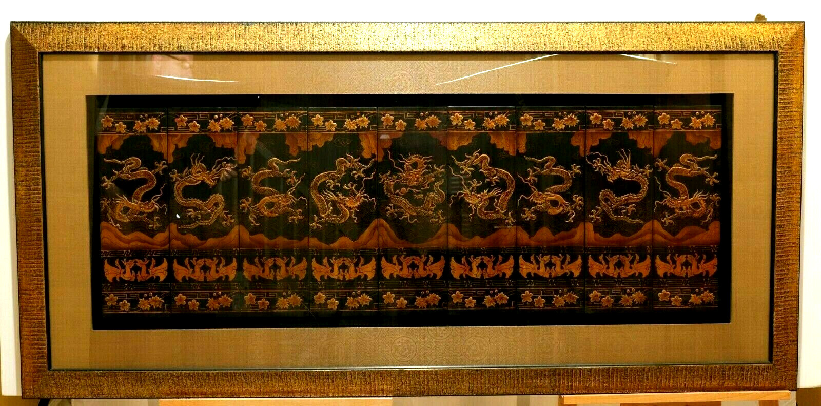 Exquisite 9 Dragon Floated Panels under Plexiglas in Large Gilded Frame VGUC+