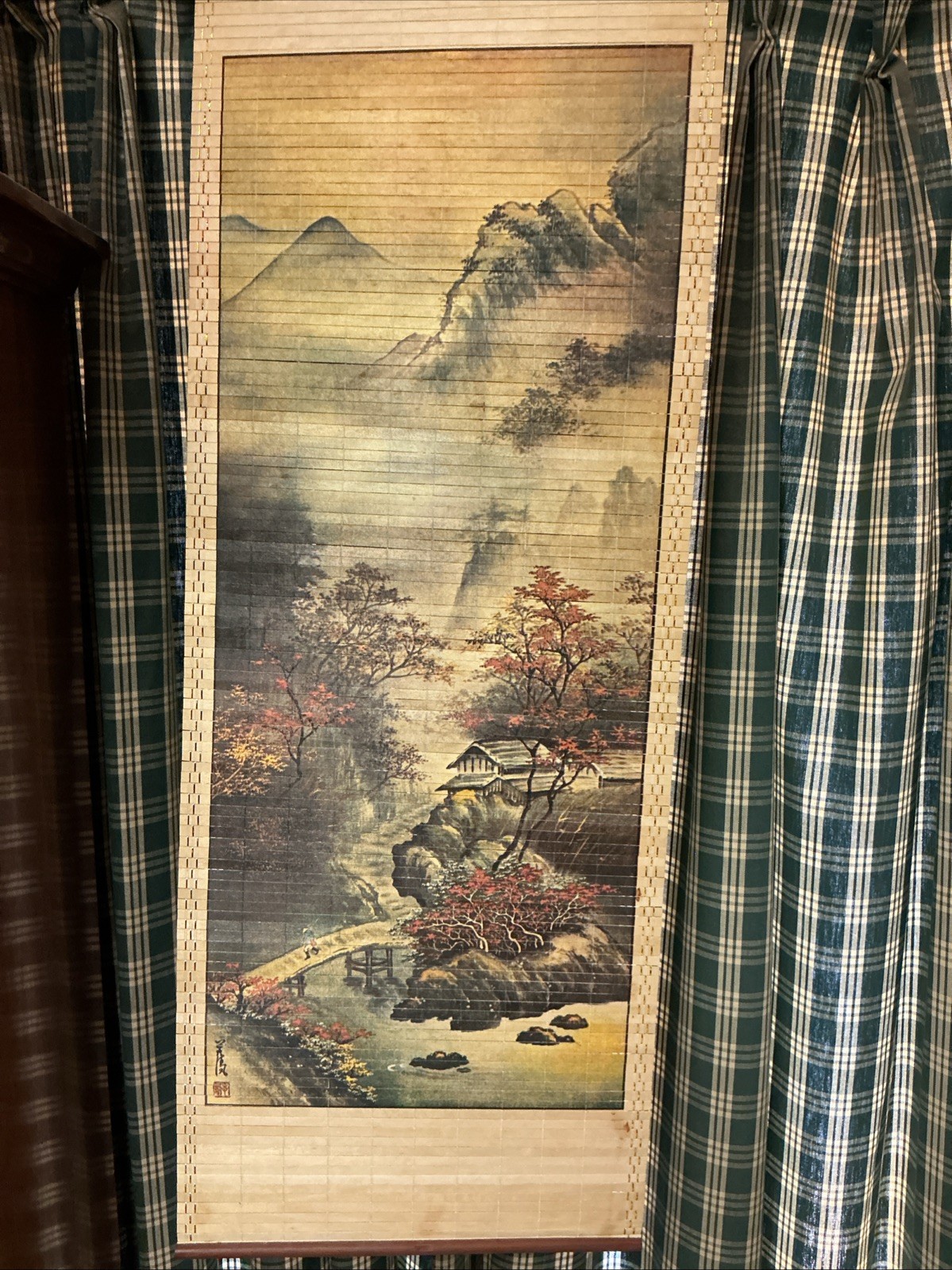 Circa 1970s made in Taiwan scroll oriental scene mountains maple trees houses