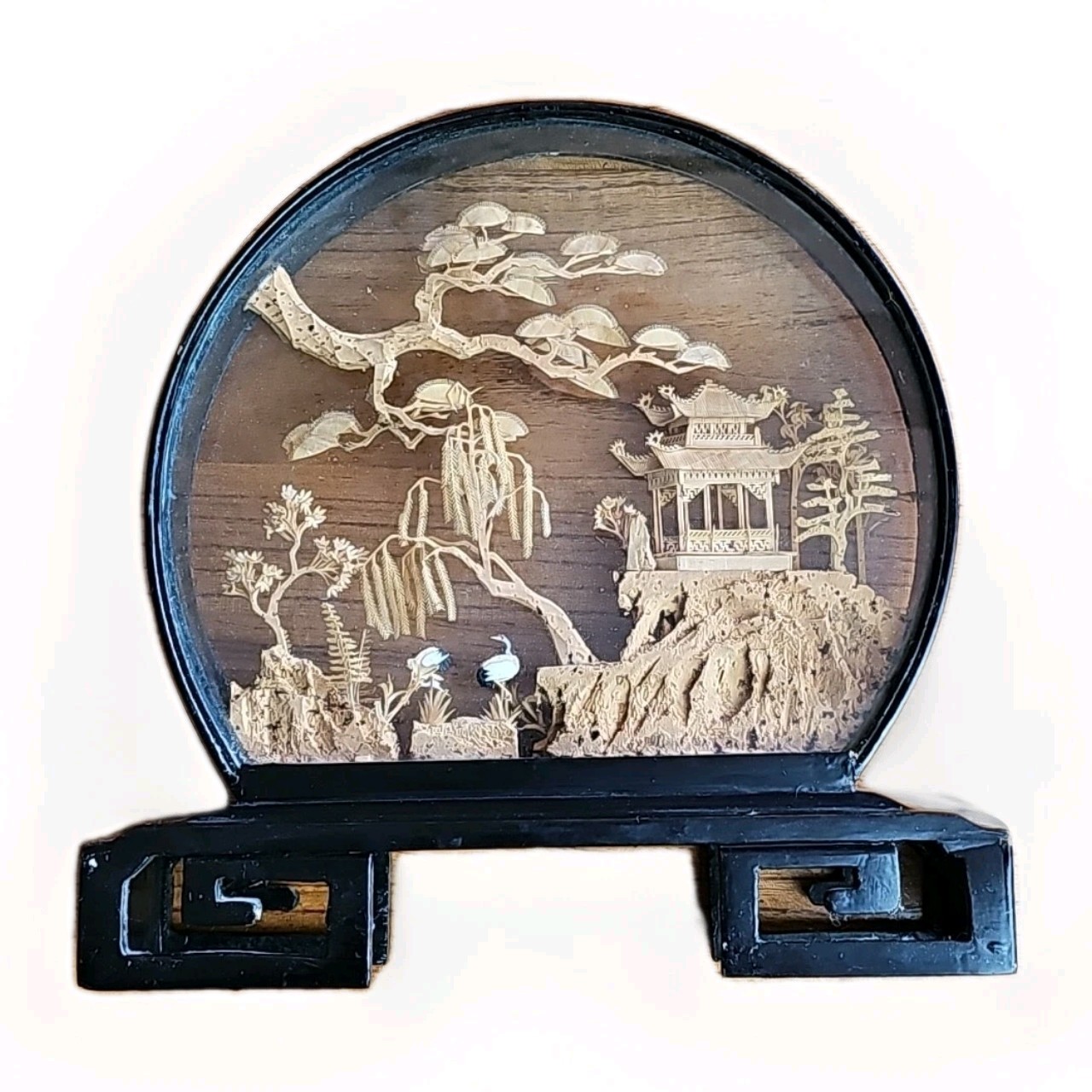 Vintage Chinese San You Diorama Cork Carving Glass Case Pagoda Trees & Cranes