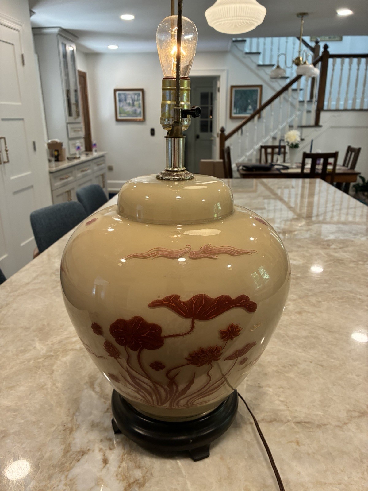 Asian Tanner Kenzie Style Ginger Lamp Raised Lotus Flowers 27″ Read