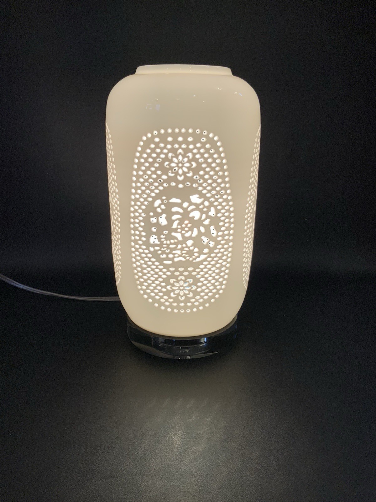Lamp Pierced White Bone China W/Lucite Base Modern