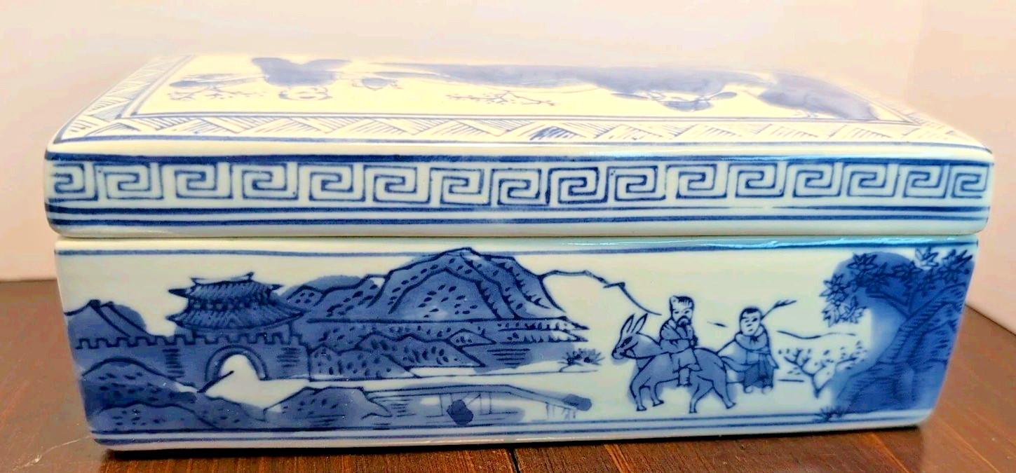 Chinese Blue & White Square Box w/Lid Porcelain Hand Painted Stamped. Qianlong?