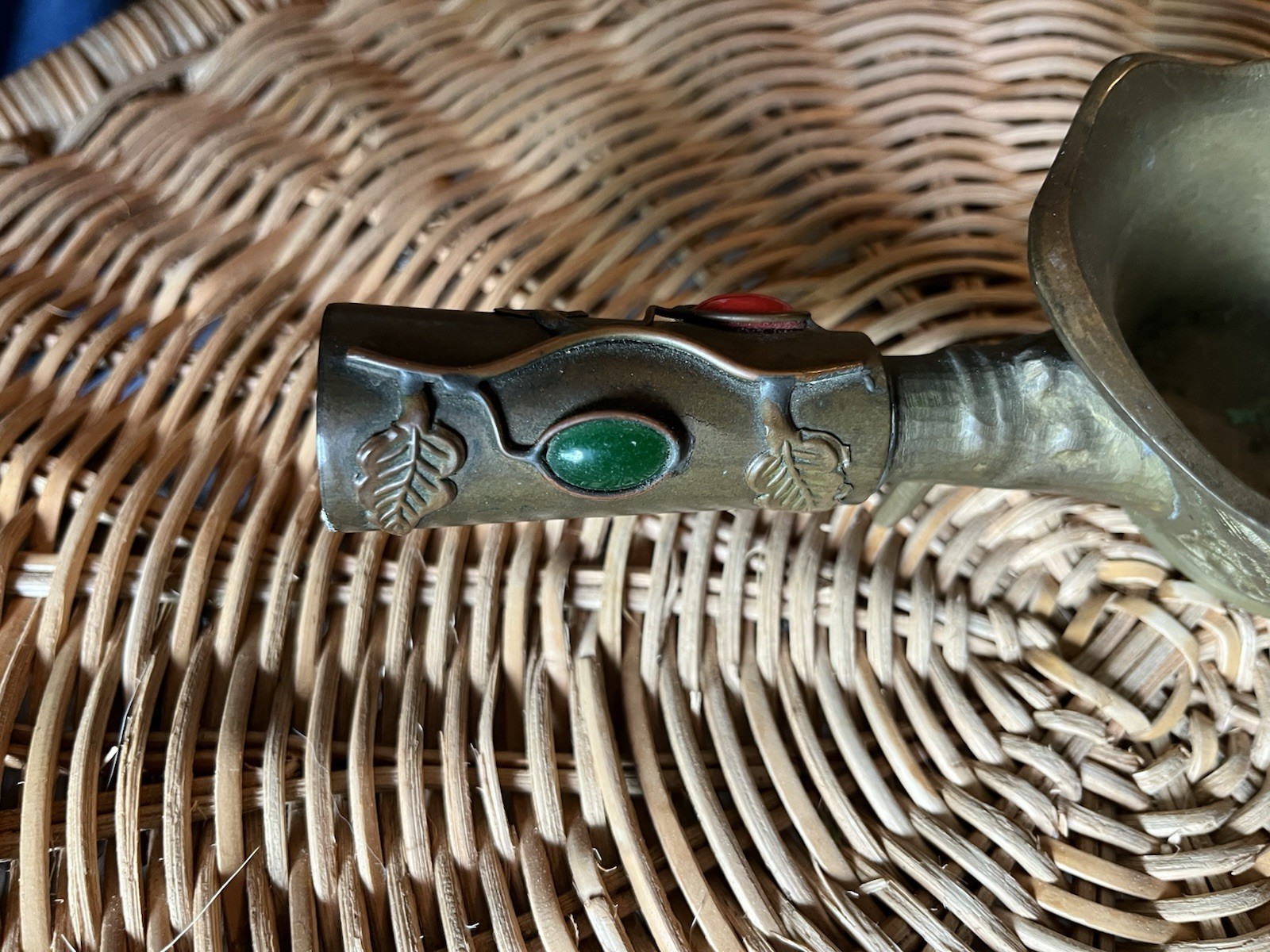 Chinese Brass Incense Burner w/ Dragon Relief, Red/Green Handle Inlays