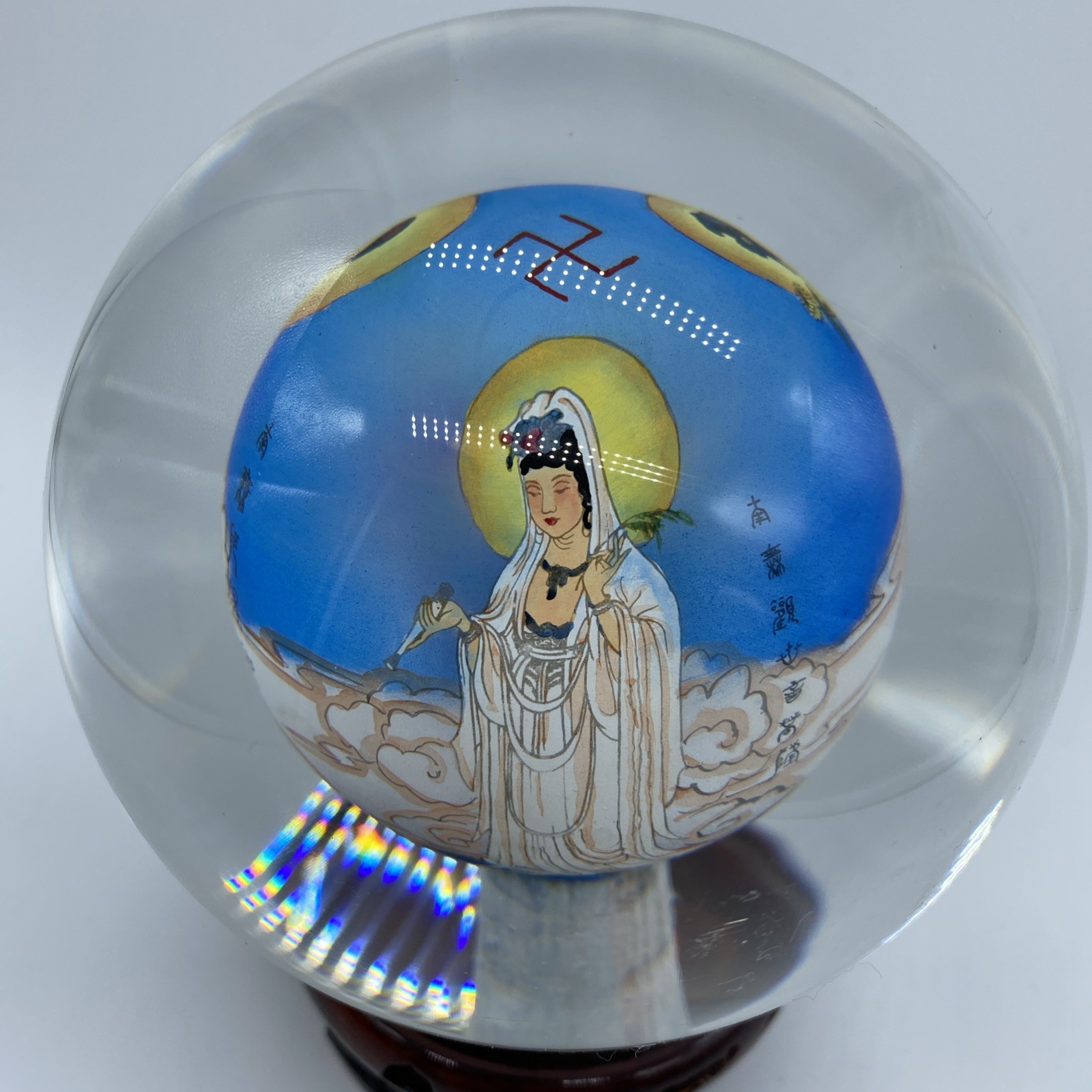 Asian Oriental Reverse Glass Ball Paperweight Shape Globe With Wooden Stand