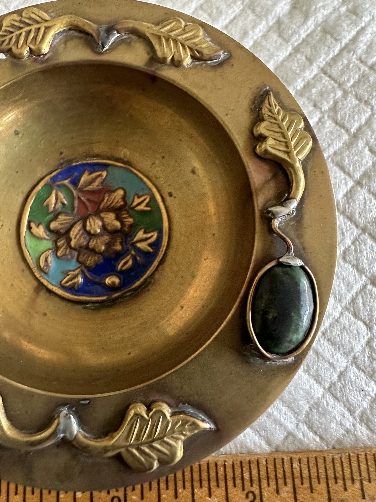 Antique Chinese 3 1/2″ Brass Trinket Dish Ashtray 2 Embedded Jewels Enamel Paint