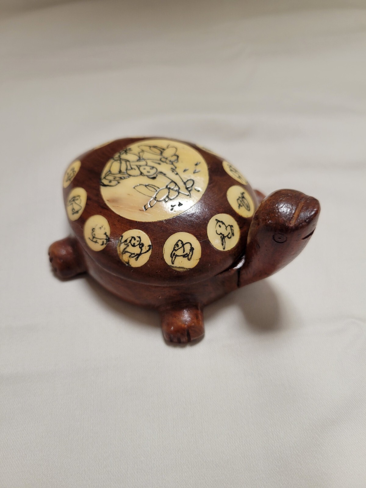 Vintage Asian Carved Wooden Turtle, Opens with Compass and Zodiac Signs