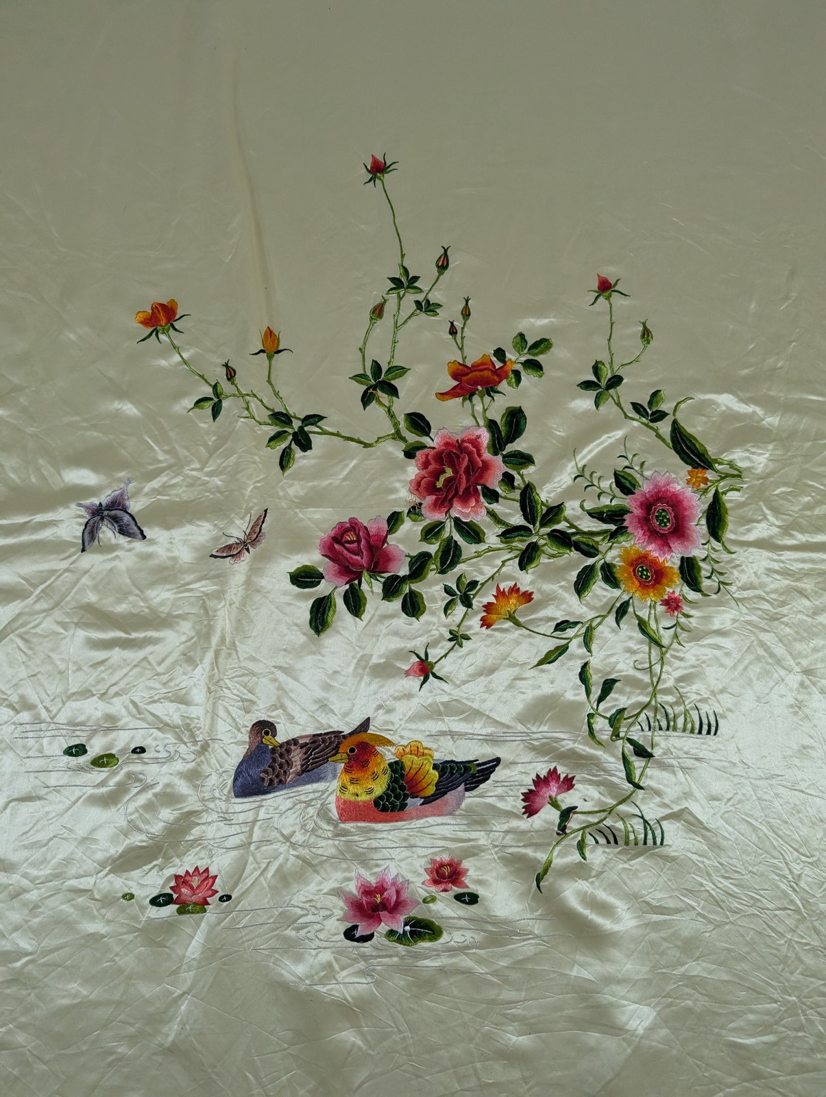 Vintage Chinese Embroidered Floral & Mandarin Ducks Silk Textile 74x56in