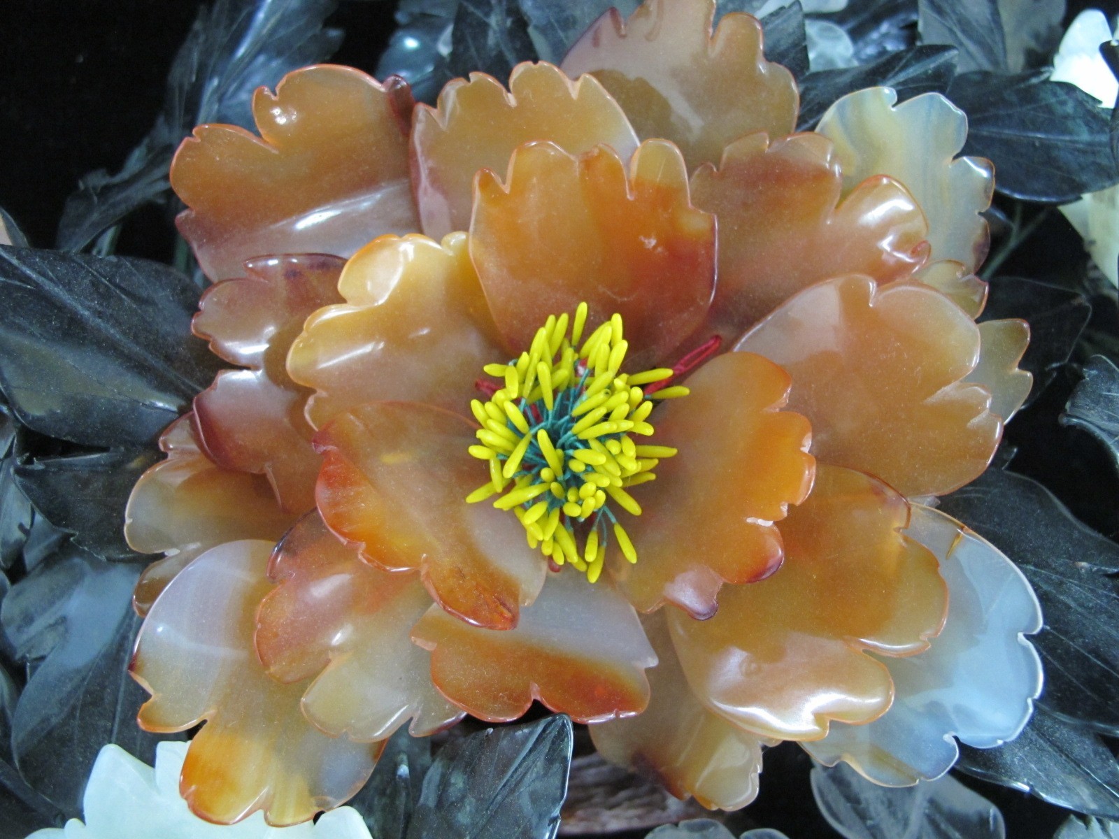 CHINESE Carved Jade Carnelian & Quartz Hardstone FLOWER Centerpiece