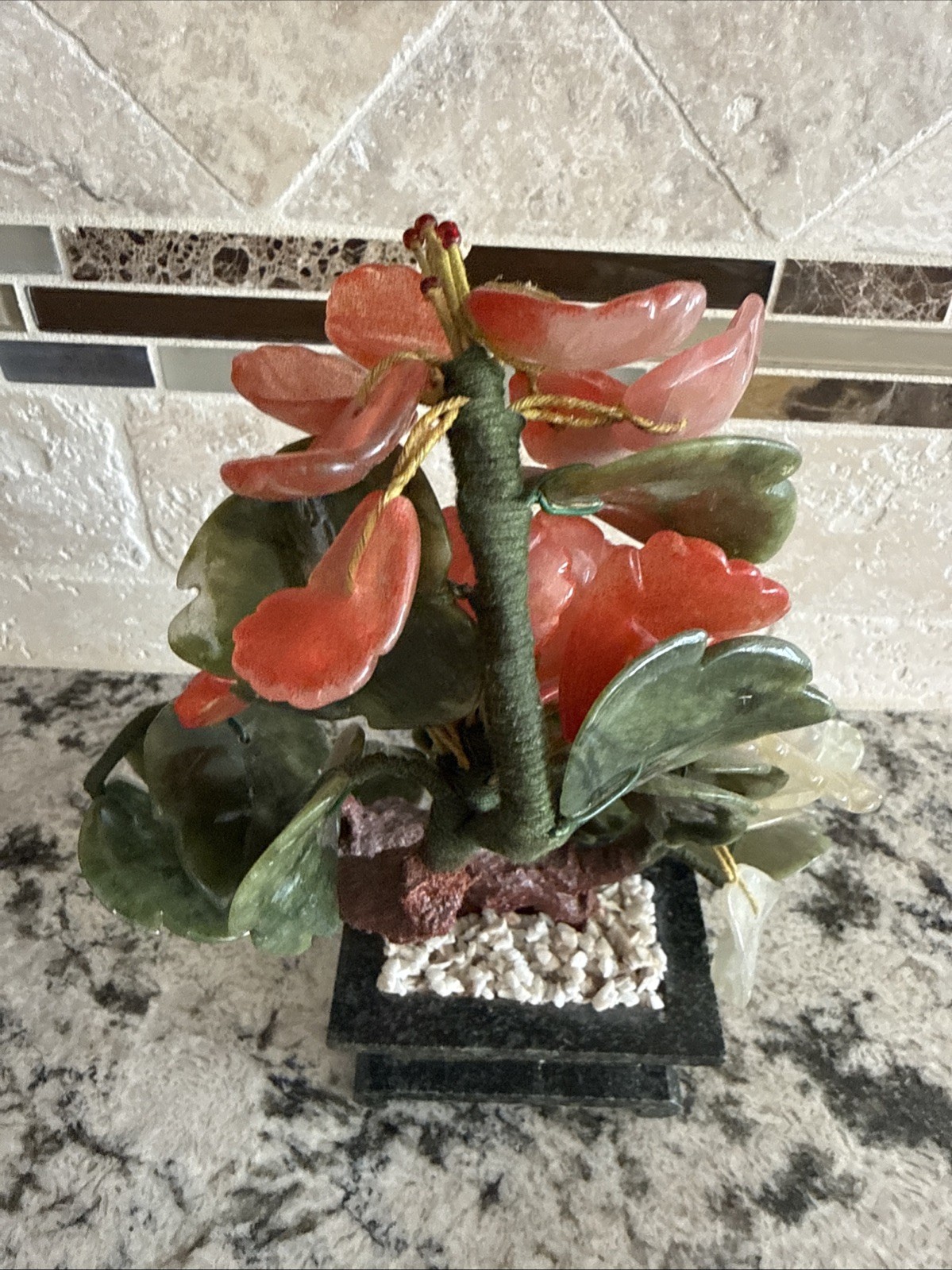 Vintage Chinese Jade Tree Carved Hardstone Flower Carnelian Rose Quartz Agate 9″