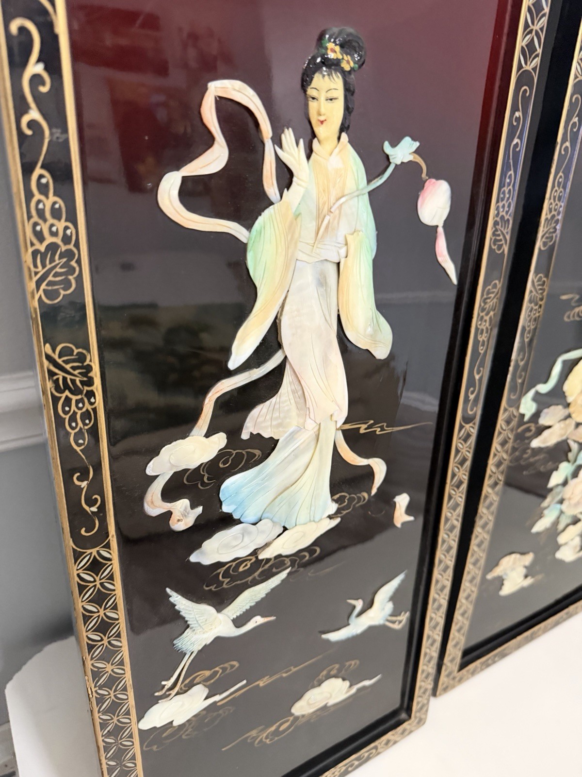 Pair Chinese Lacquer Mother of Pearl Wall Panels 12×36 Asian Art Decor