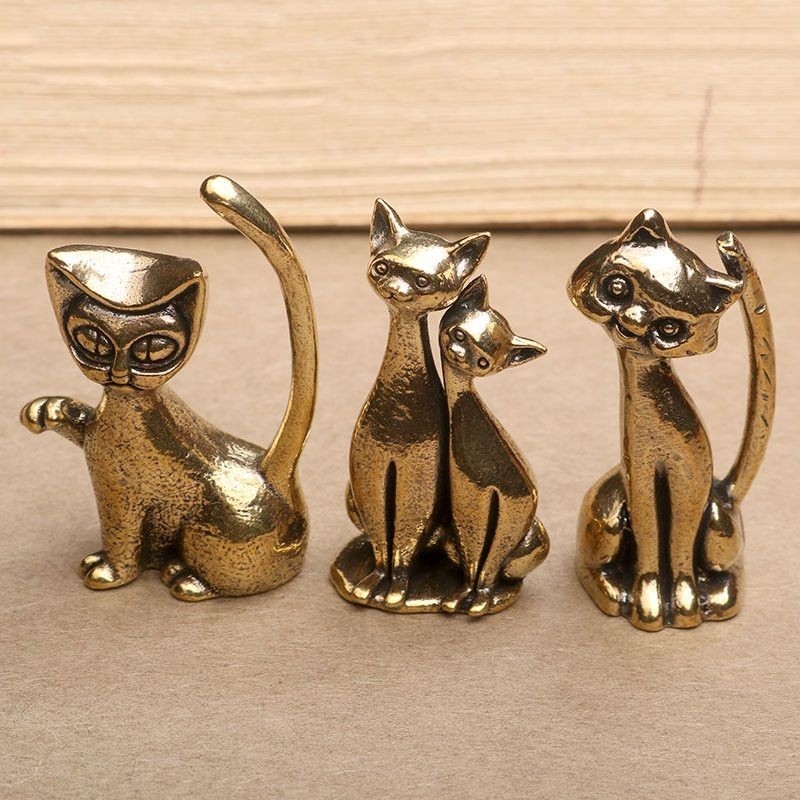 Brass Solid Cat Ornament Set 3pcs Tea Pet Office Desk Copper Cat Decor