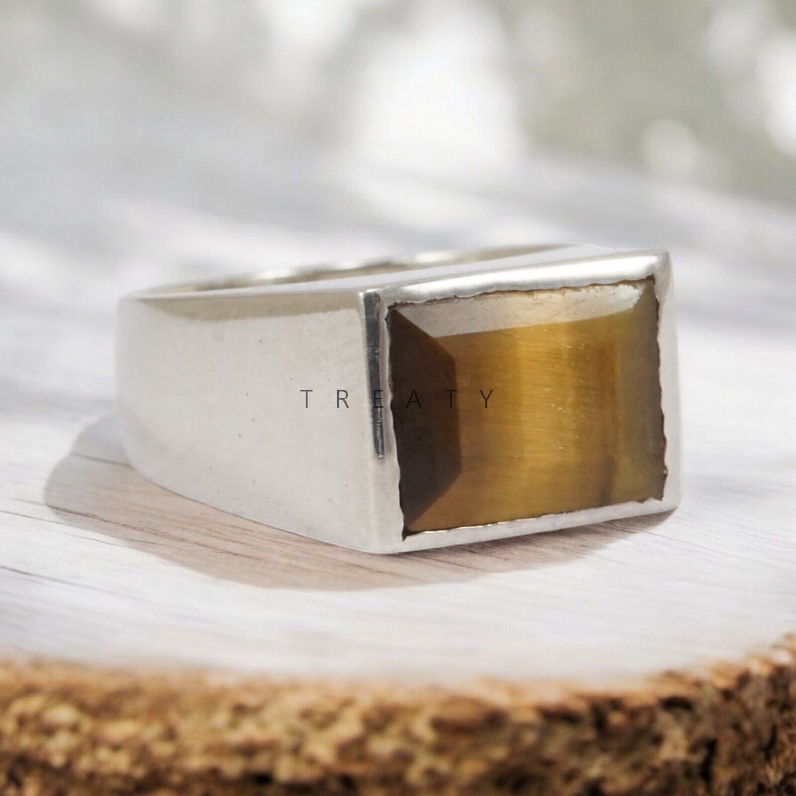 Tiger Eye Square Cut Gemstone With Solid 14K White Gold Ring For Men’s #A152 #